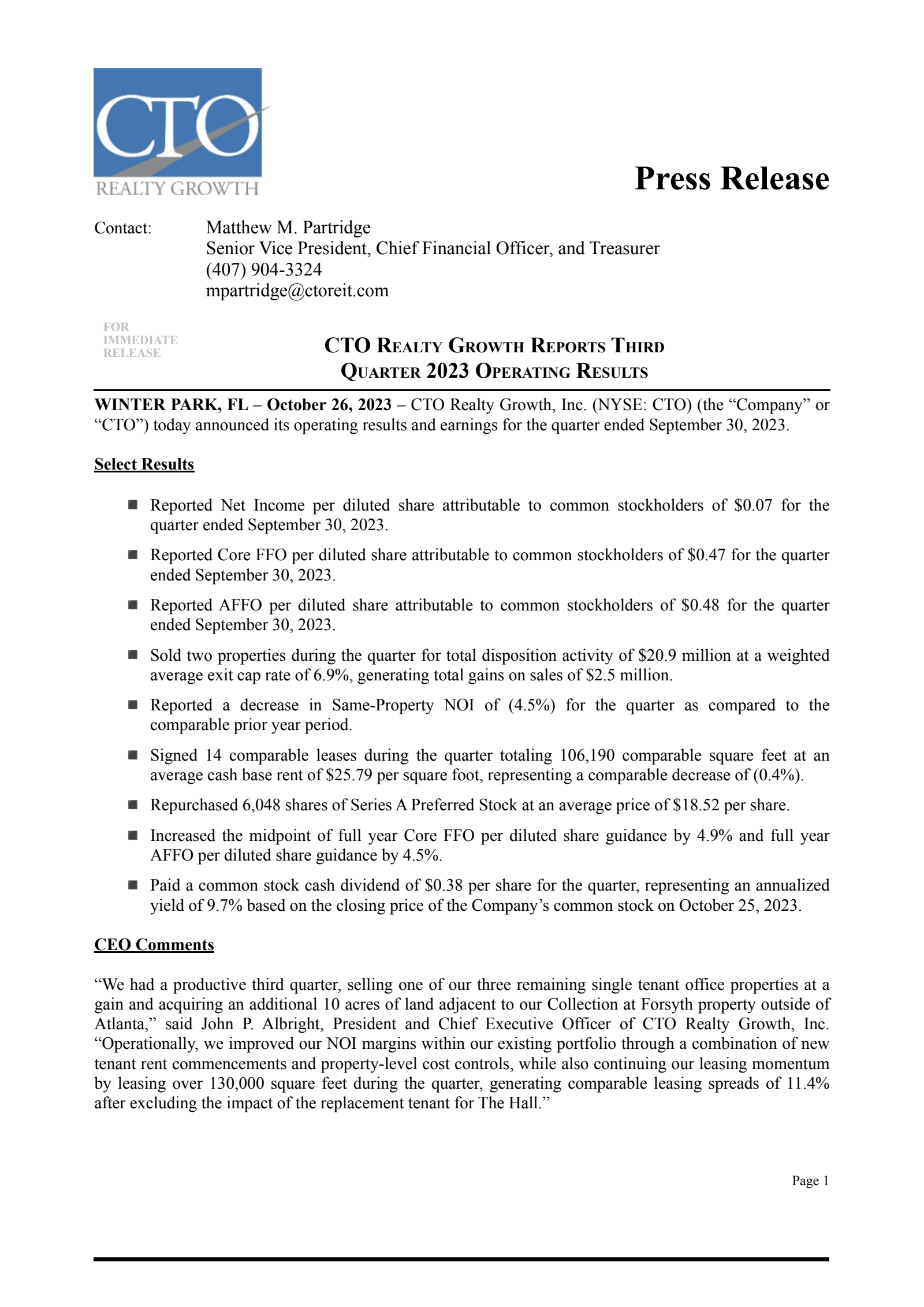 CTO Realty Growth's Q3 2023 Press Release