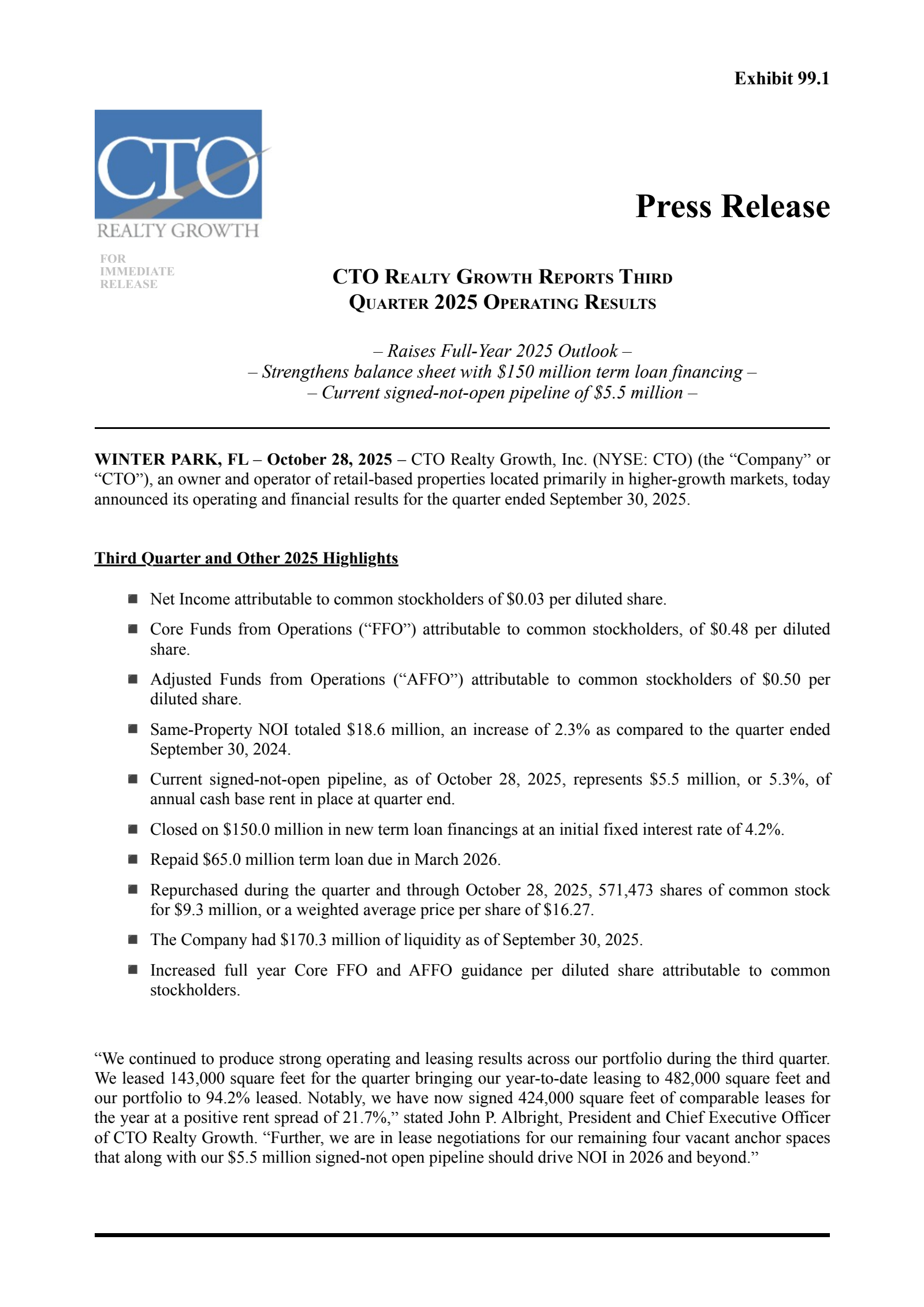 CTO Realty Growth's Q3 2025 Earnings Release