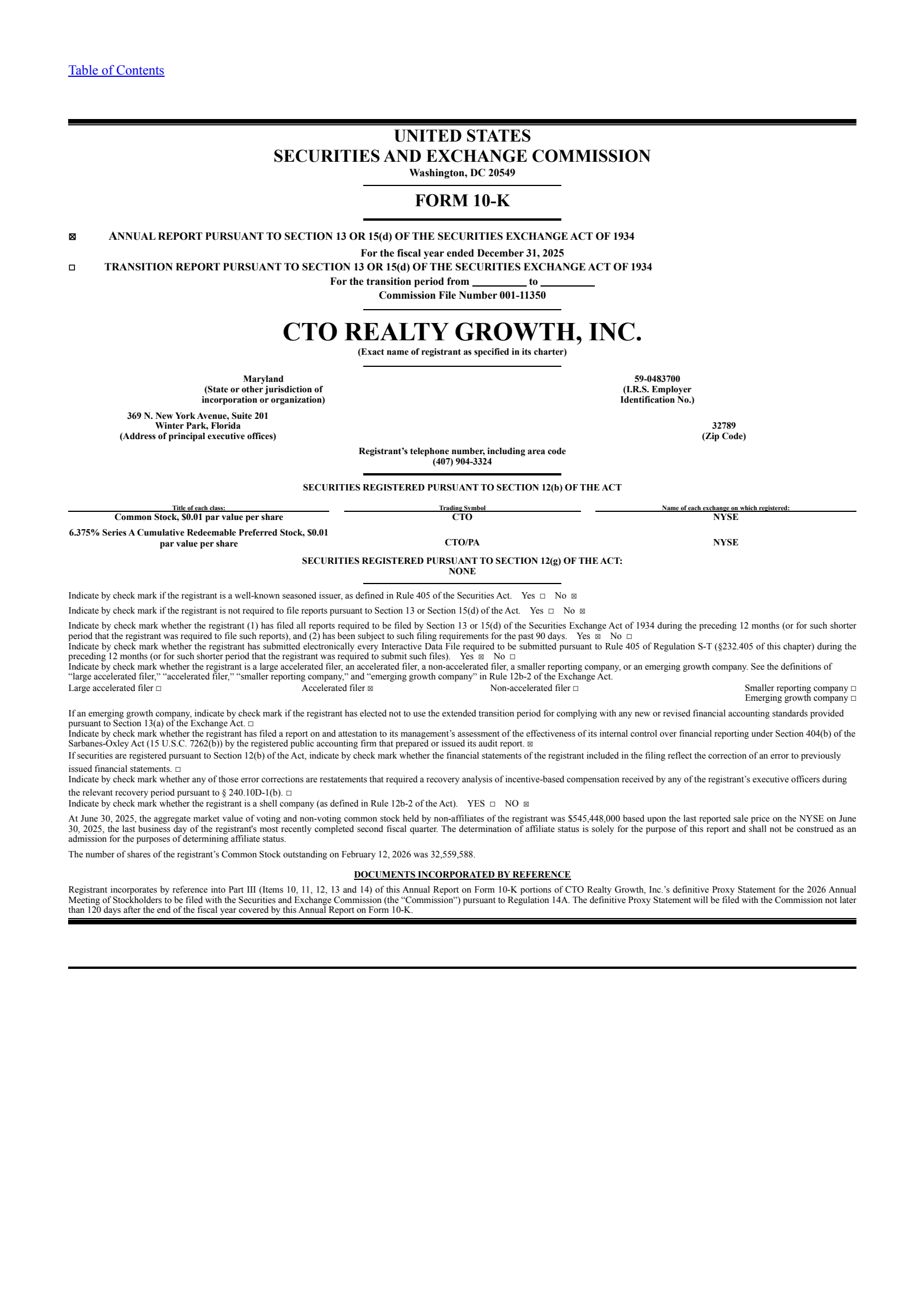 CTO Realty Growth's Q4 2025 Annual report