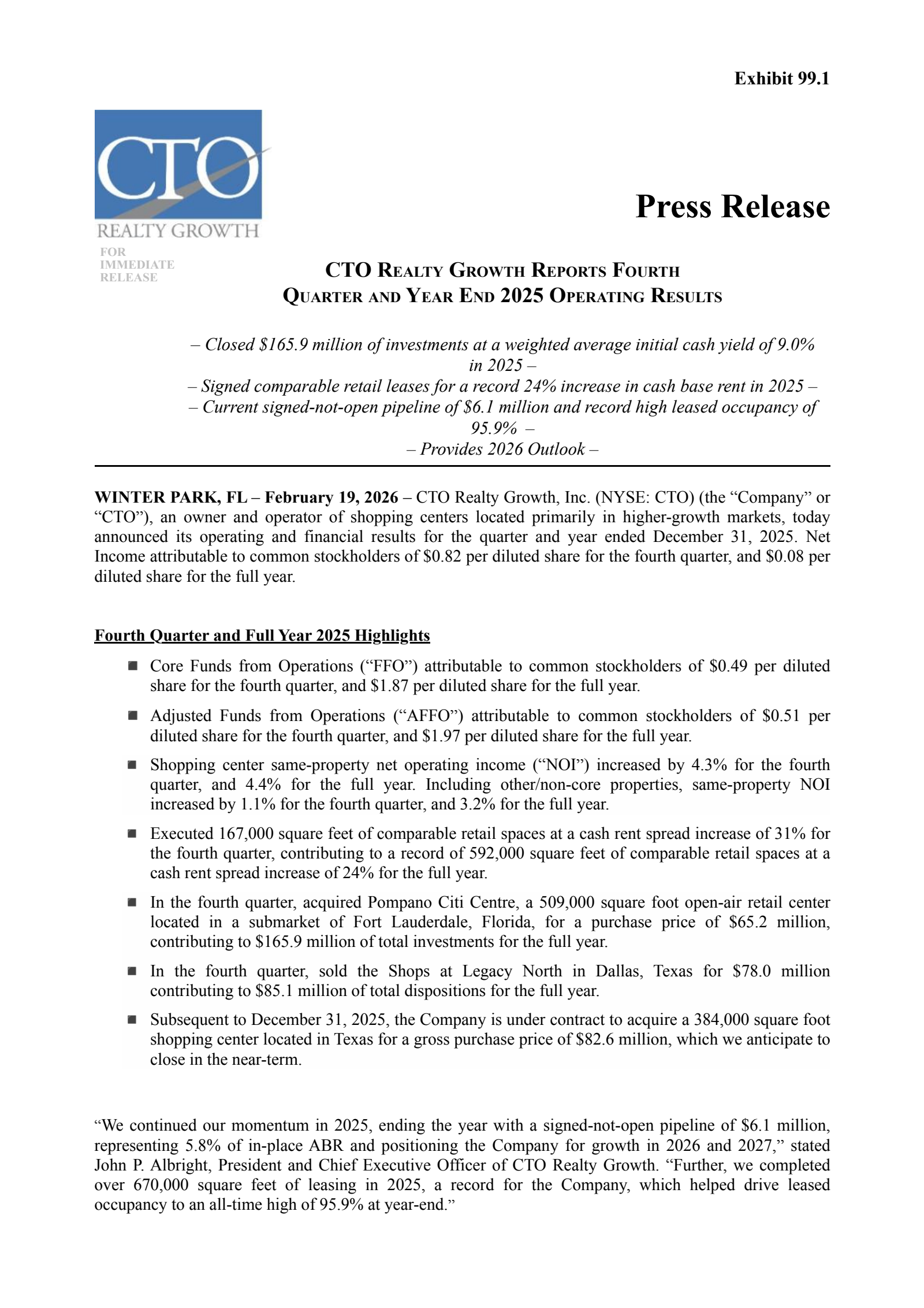 CTO Realty Growth's Q4 2025 Press Release