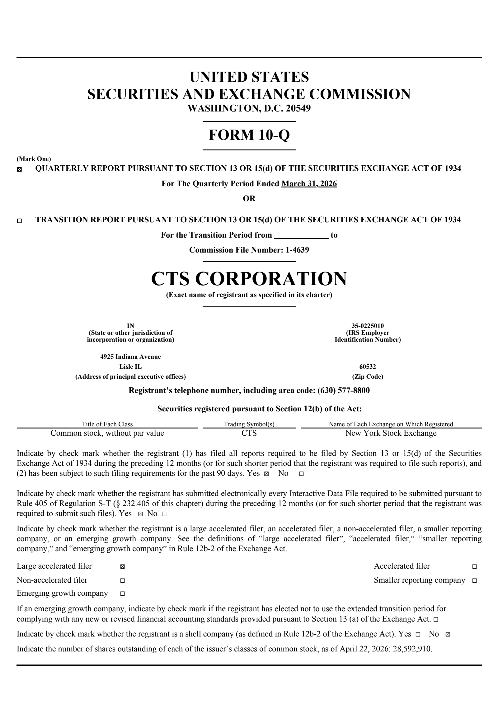 CTS's Q1 2026 Quarterly report