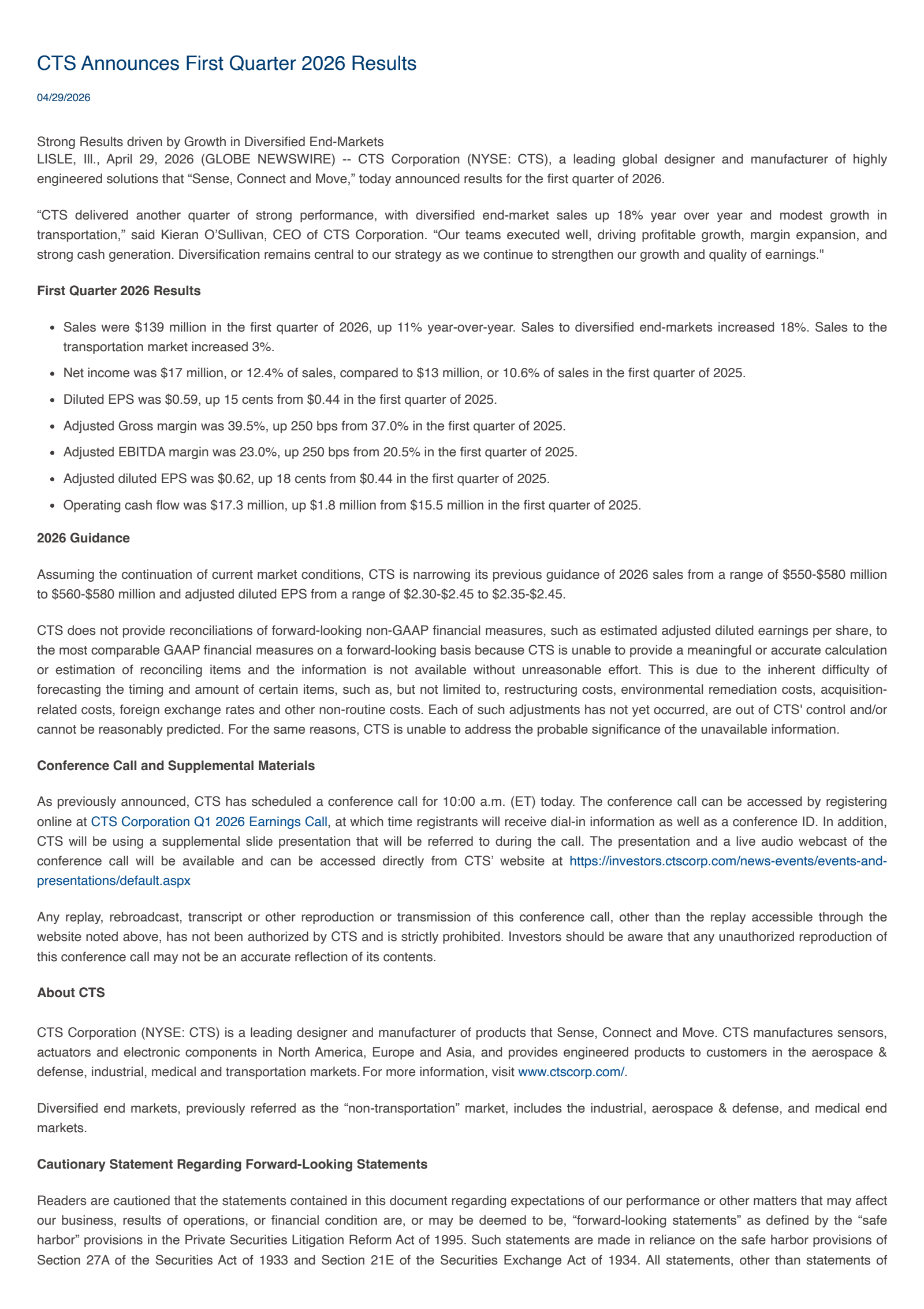 CTS's Q1 2026 Press Release