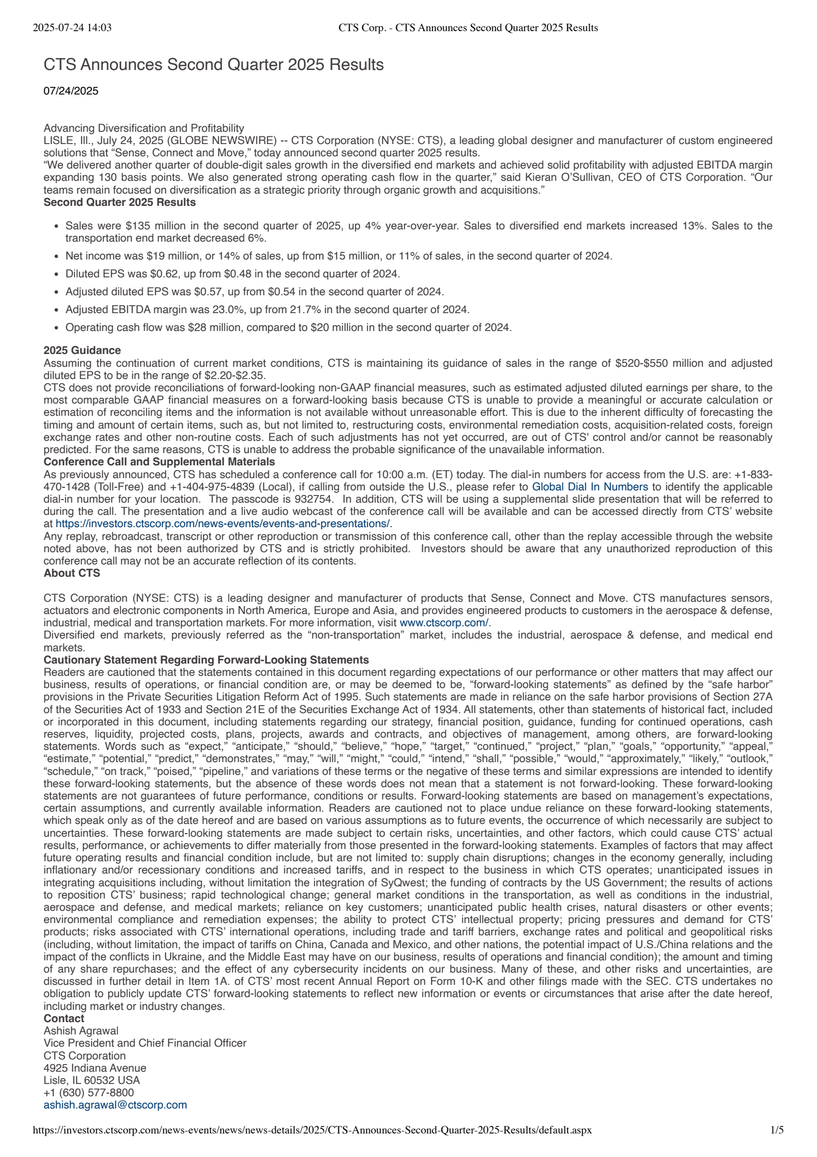 CTS's Q2 2025 Press Release