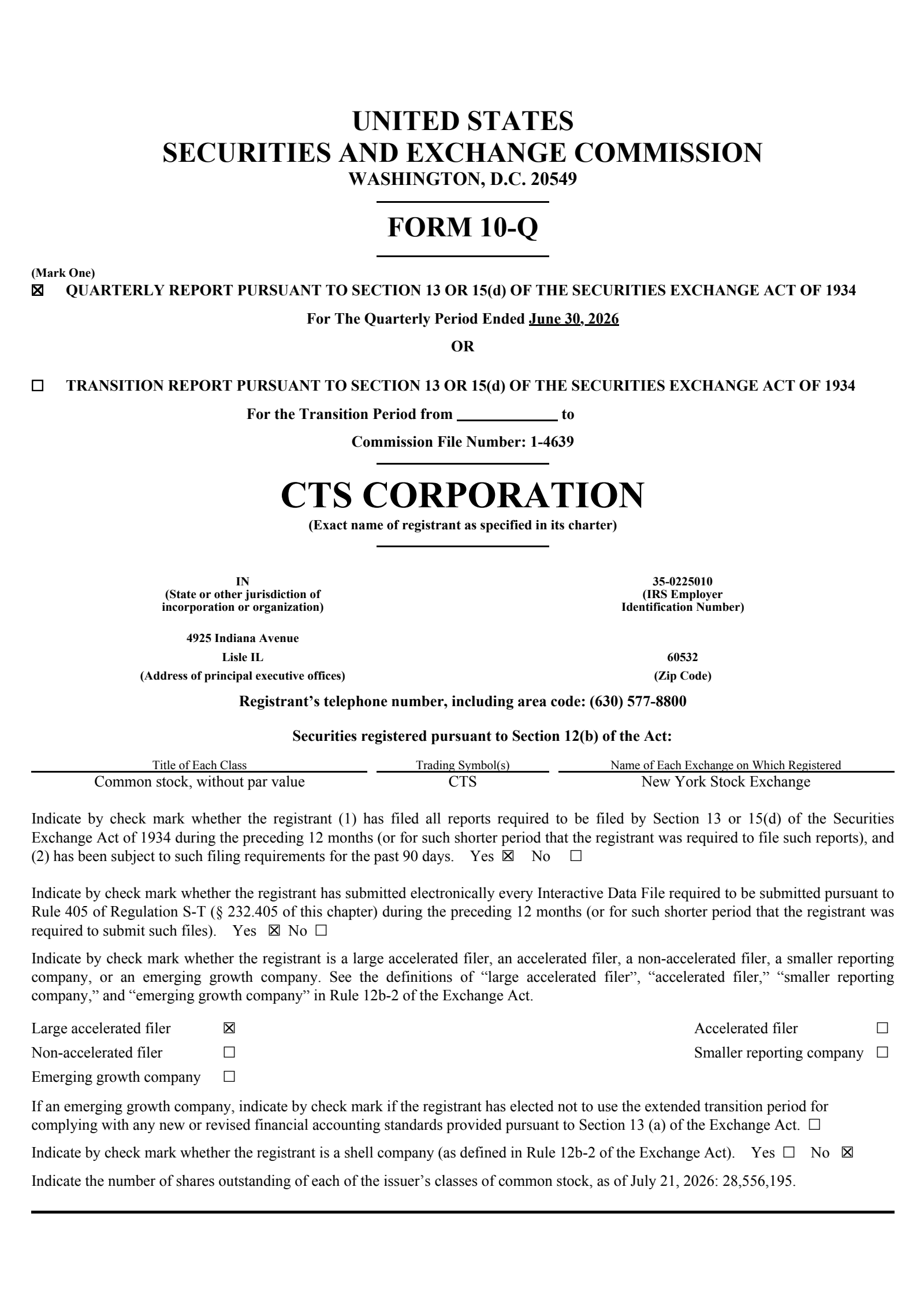 CTS's Q2 2026 Quarterly report