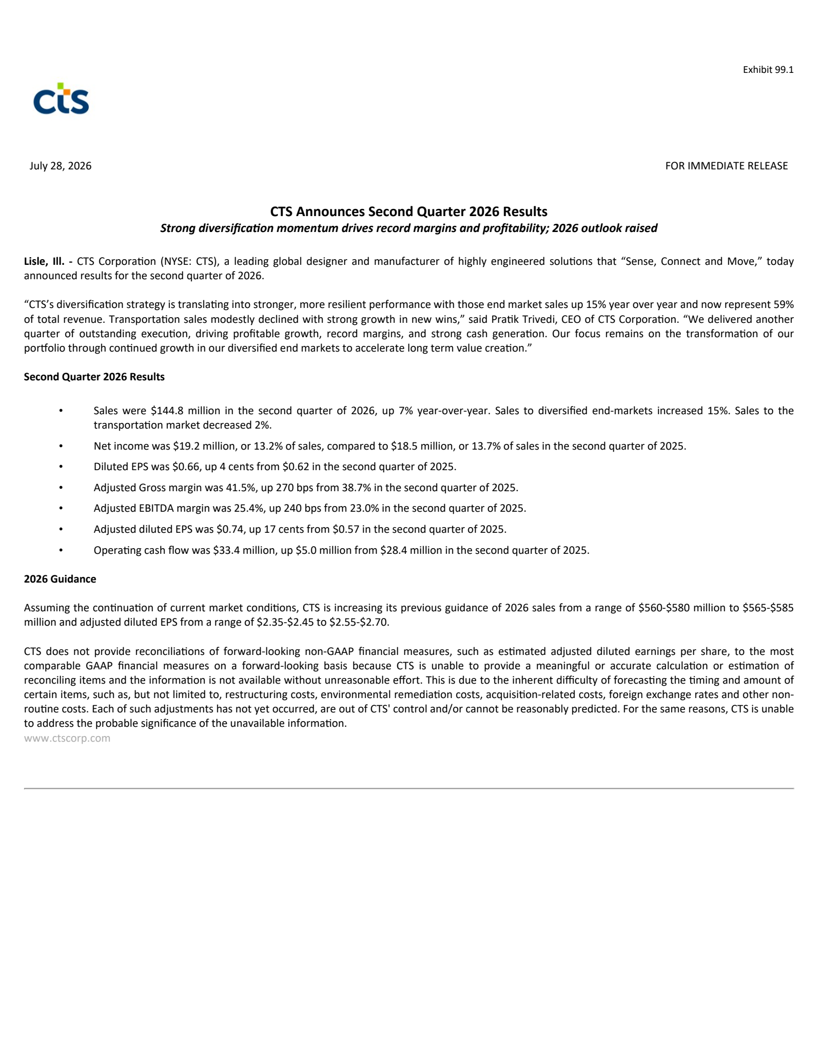 CTS's Q2 2026 Press Release