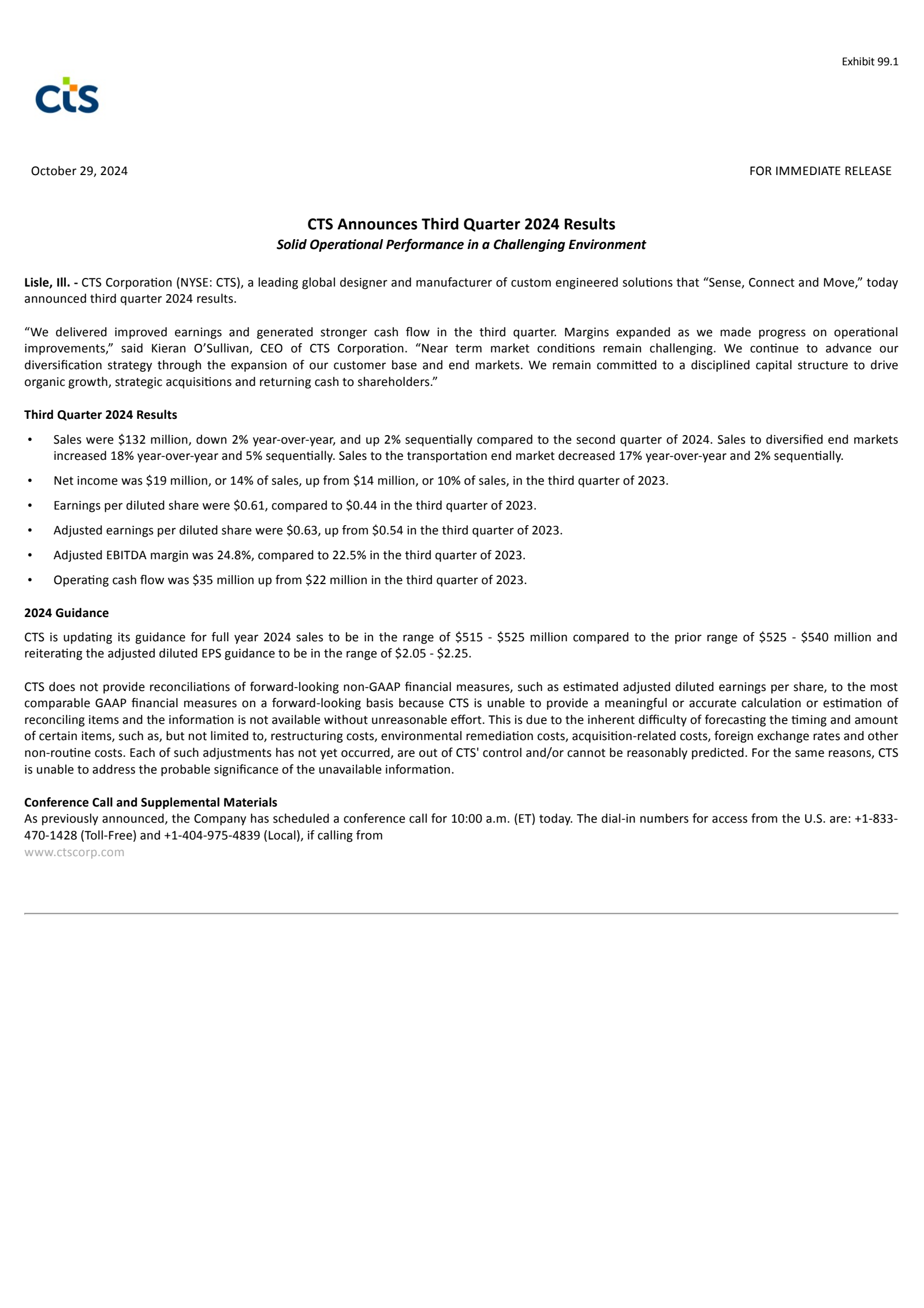 CTS's Q3 2024 Press Release