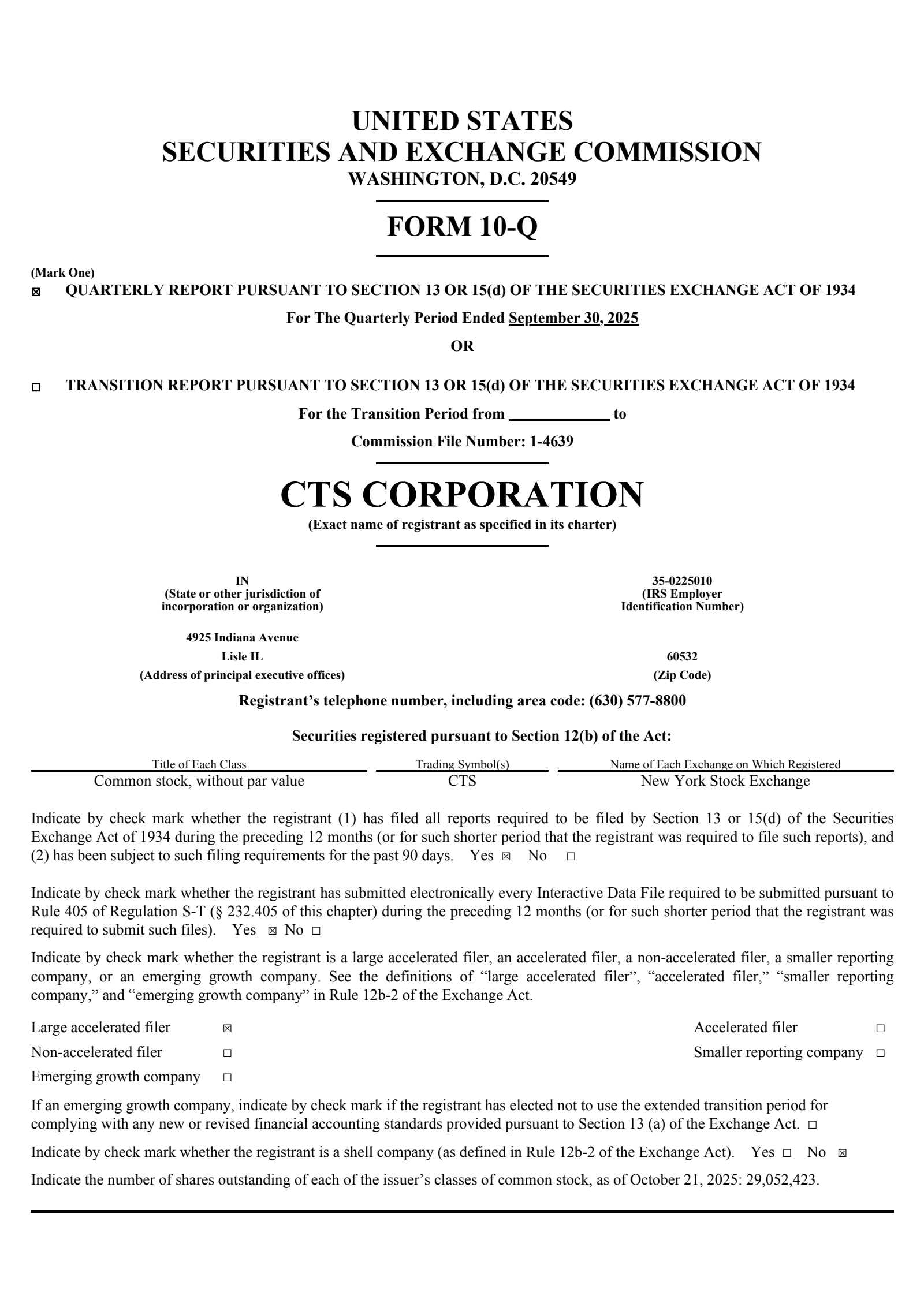 CTS's Q3 2025 Quarterly Report