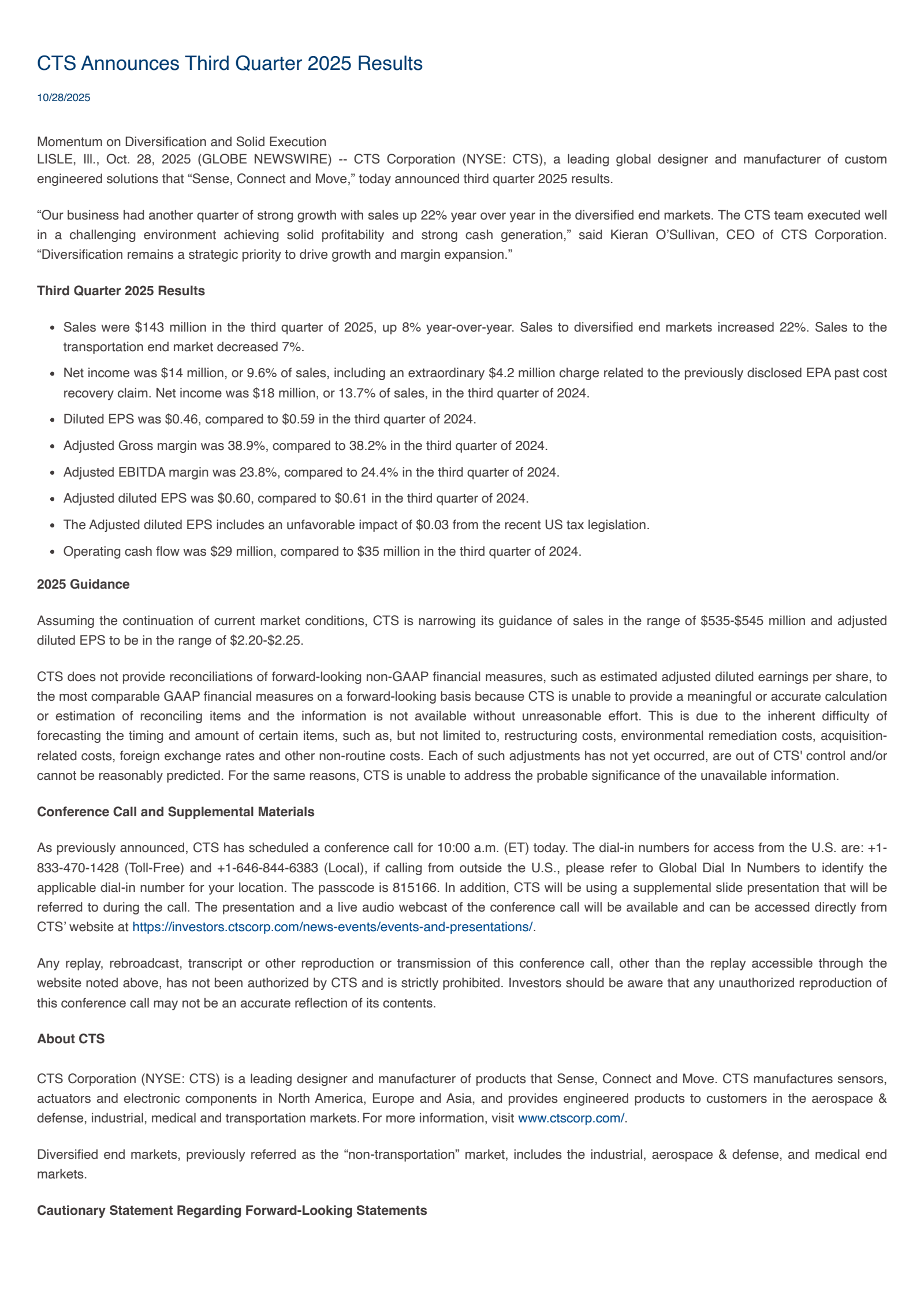 CTS's Q3 2025 Earnings Release