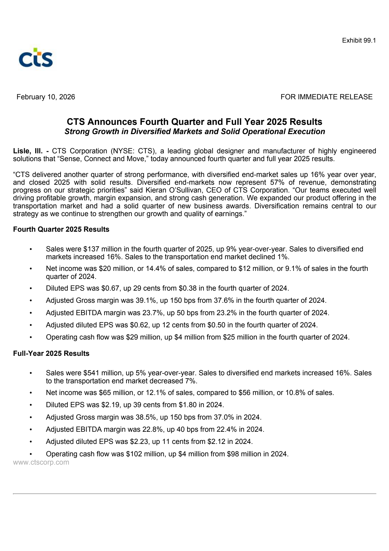 CTS's Q4 2025 Press Release