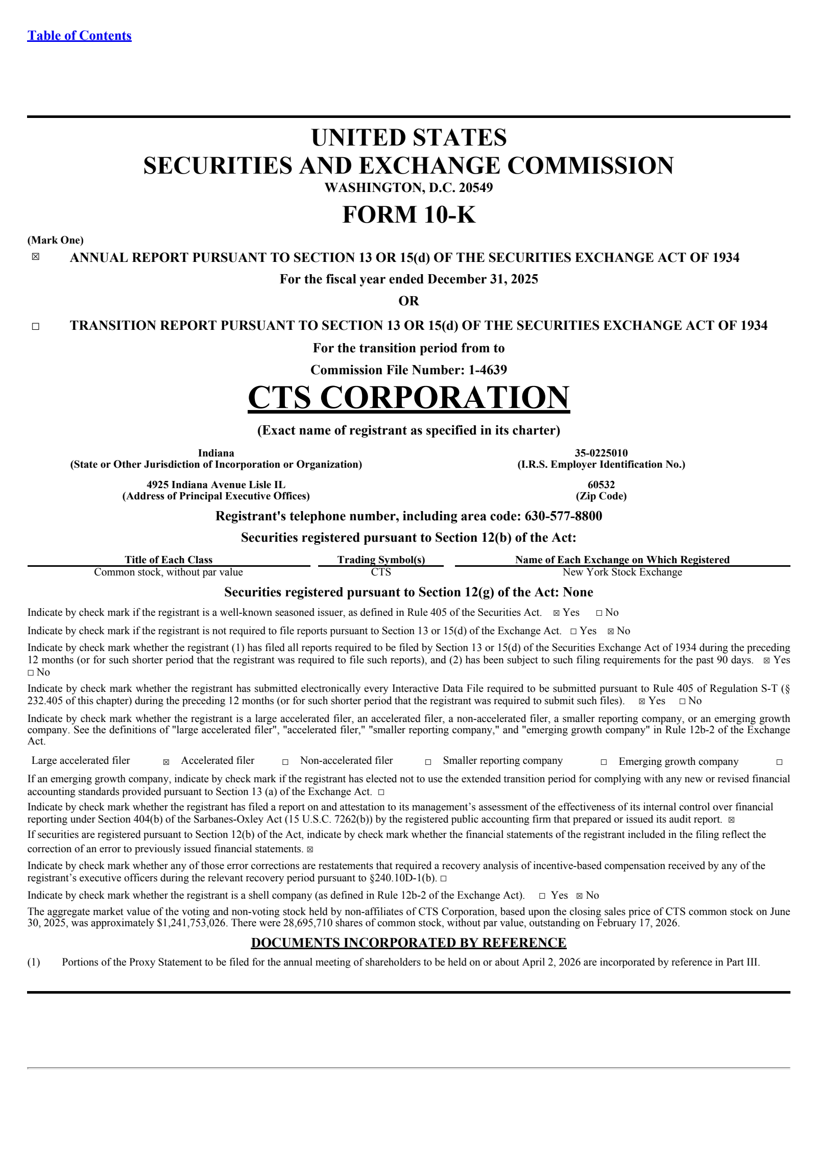 CTS's Q4 2025 Annual report