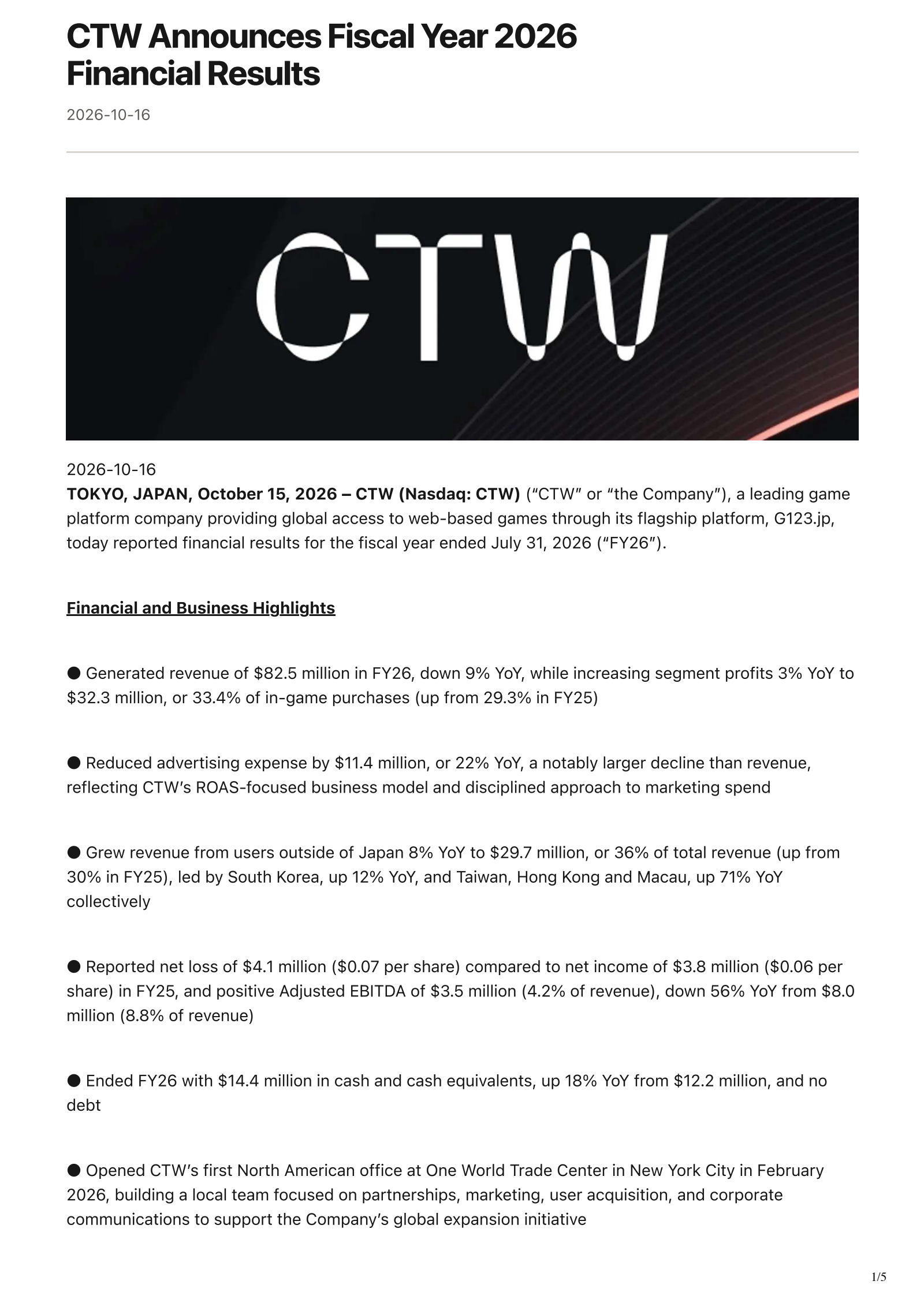 CTW Cayman's H2 2026 Press Release