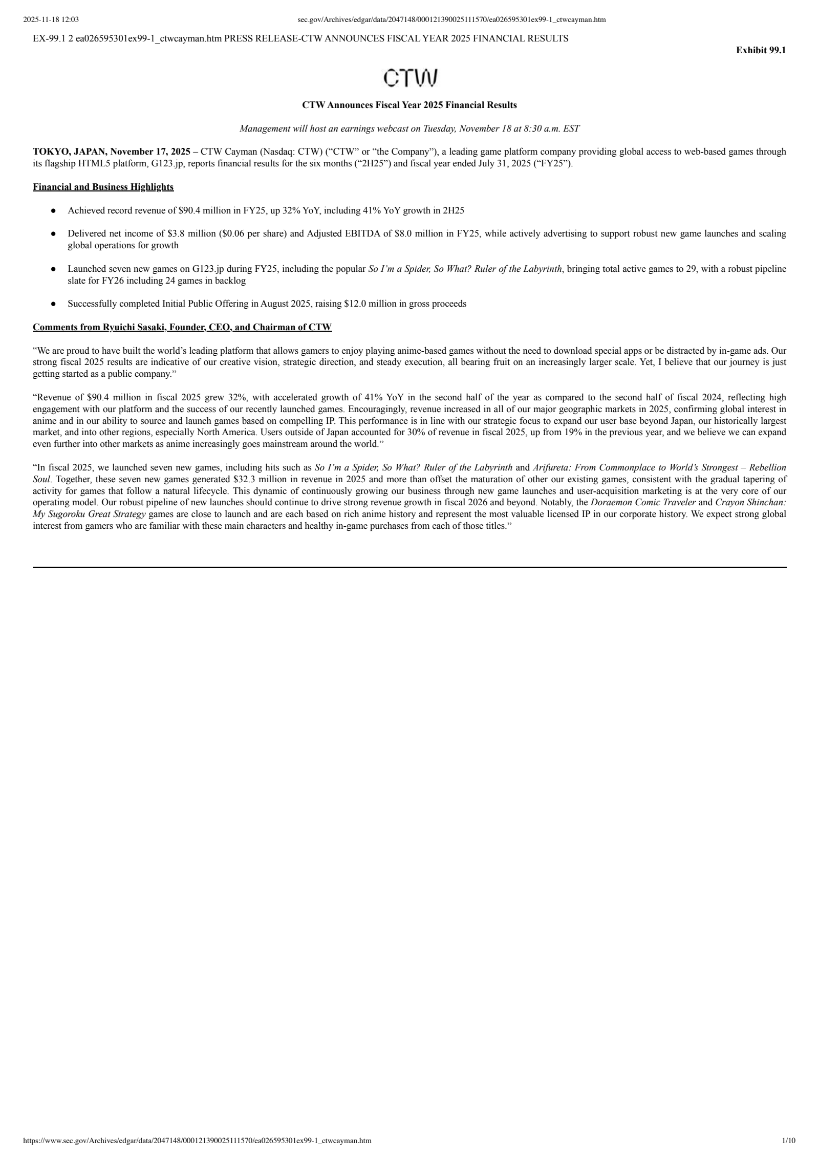 CTW Cayman's Q4 2025 Earnings Release