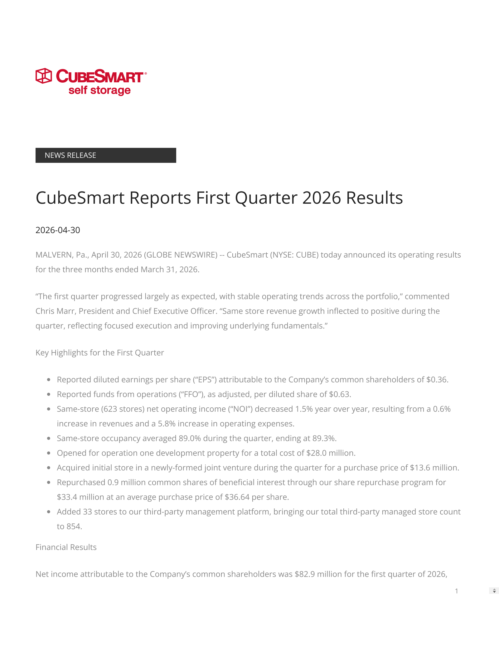 CubeSmart's Q1 2026 Press Release