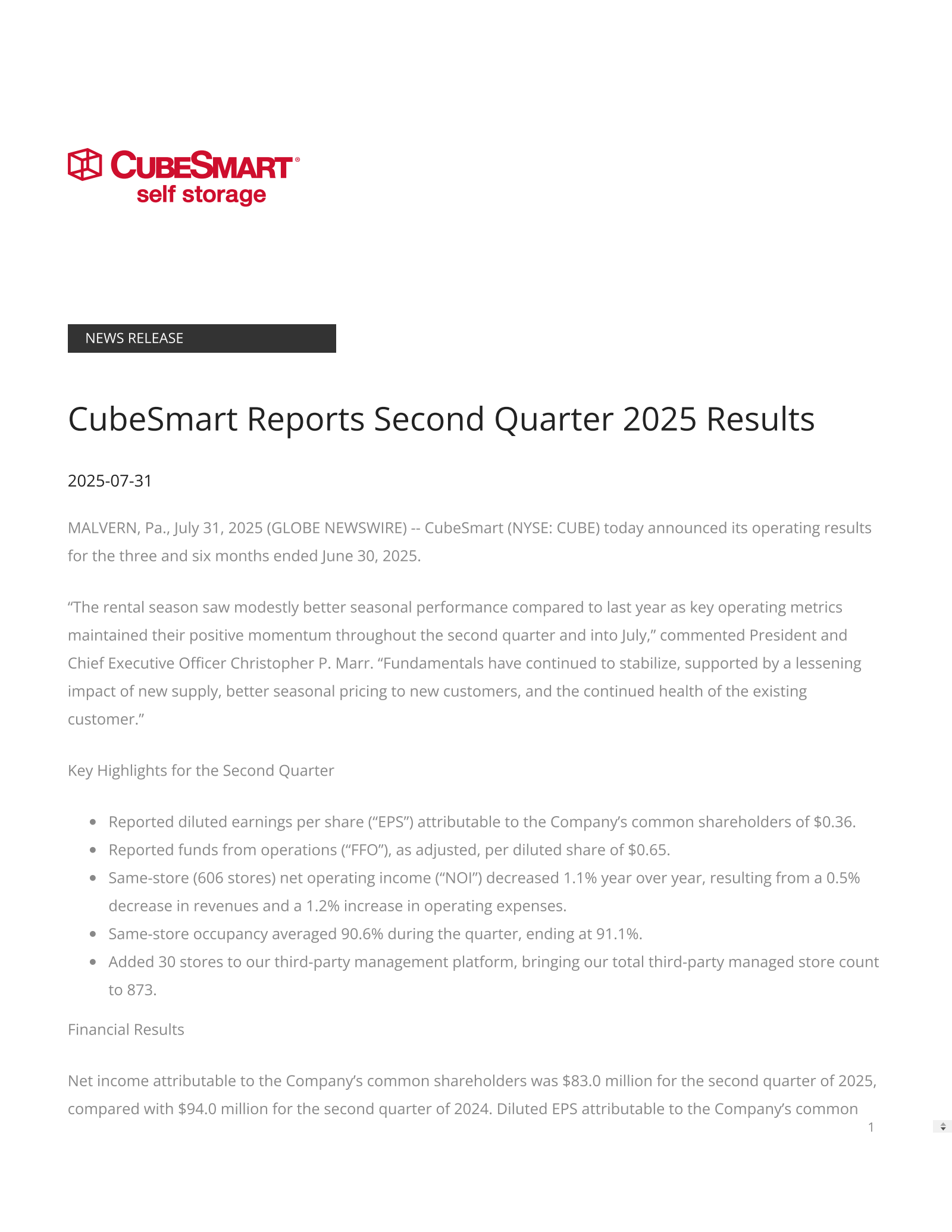 CubeSmart's Q2 2025 Press Release
