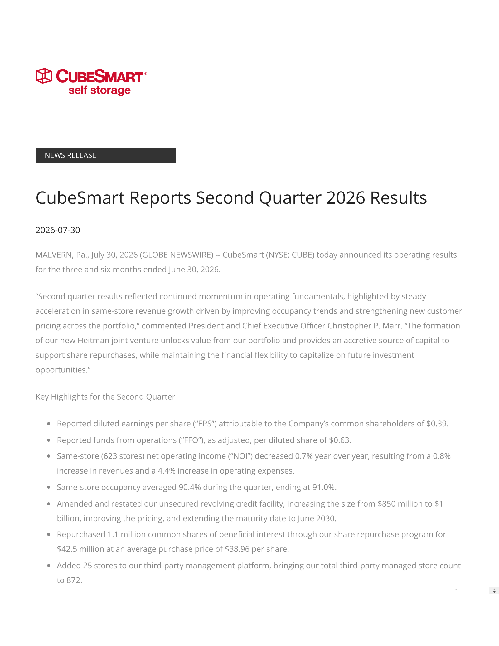 CubeSmart's Q2 2026 Press Release