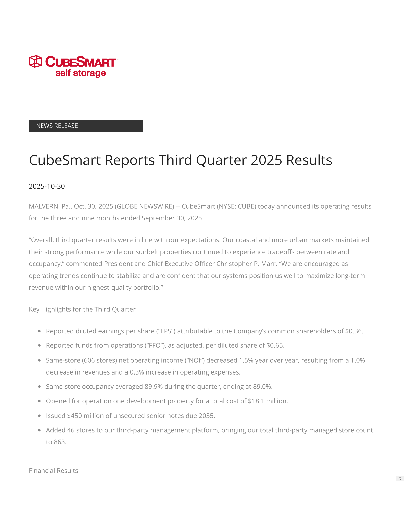 CubeSmart's Q3 2025 Earnings Release