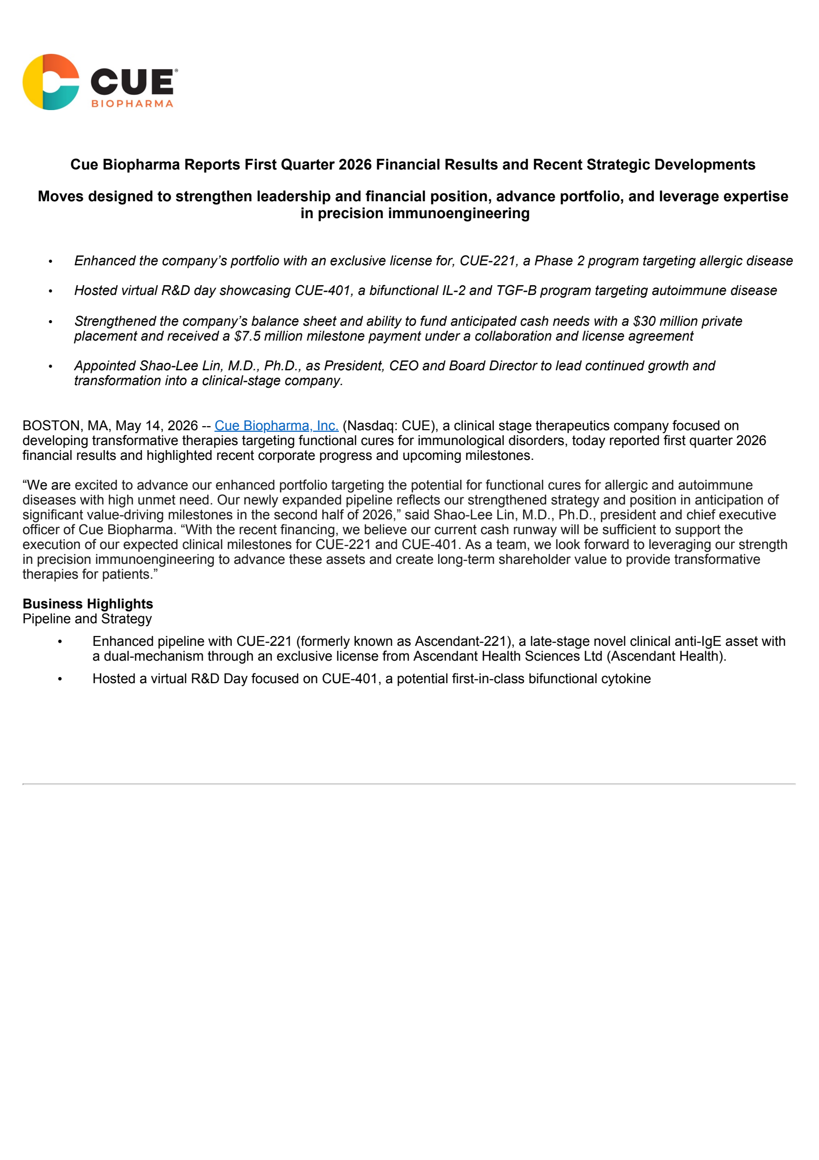 Cue Biopharma's Q1 2026 Press Release