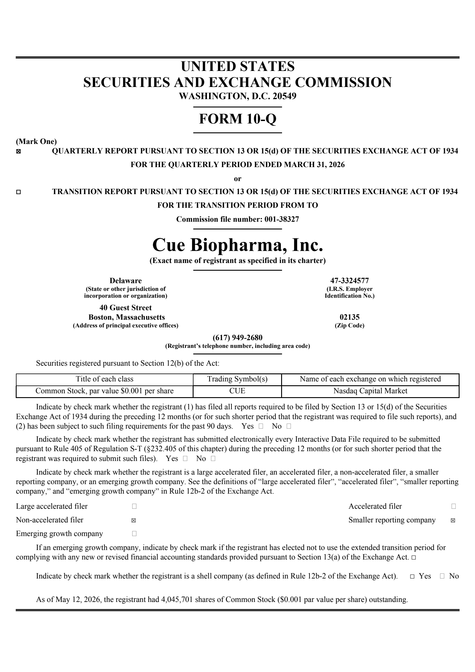 Cue Biopharma's Q1 2026 Quarterly report