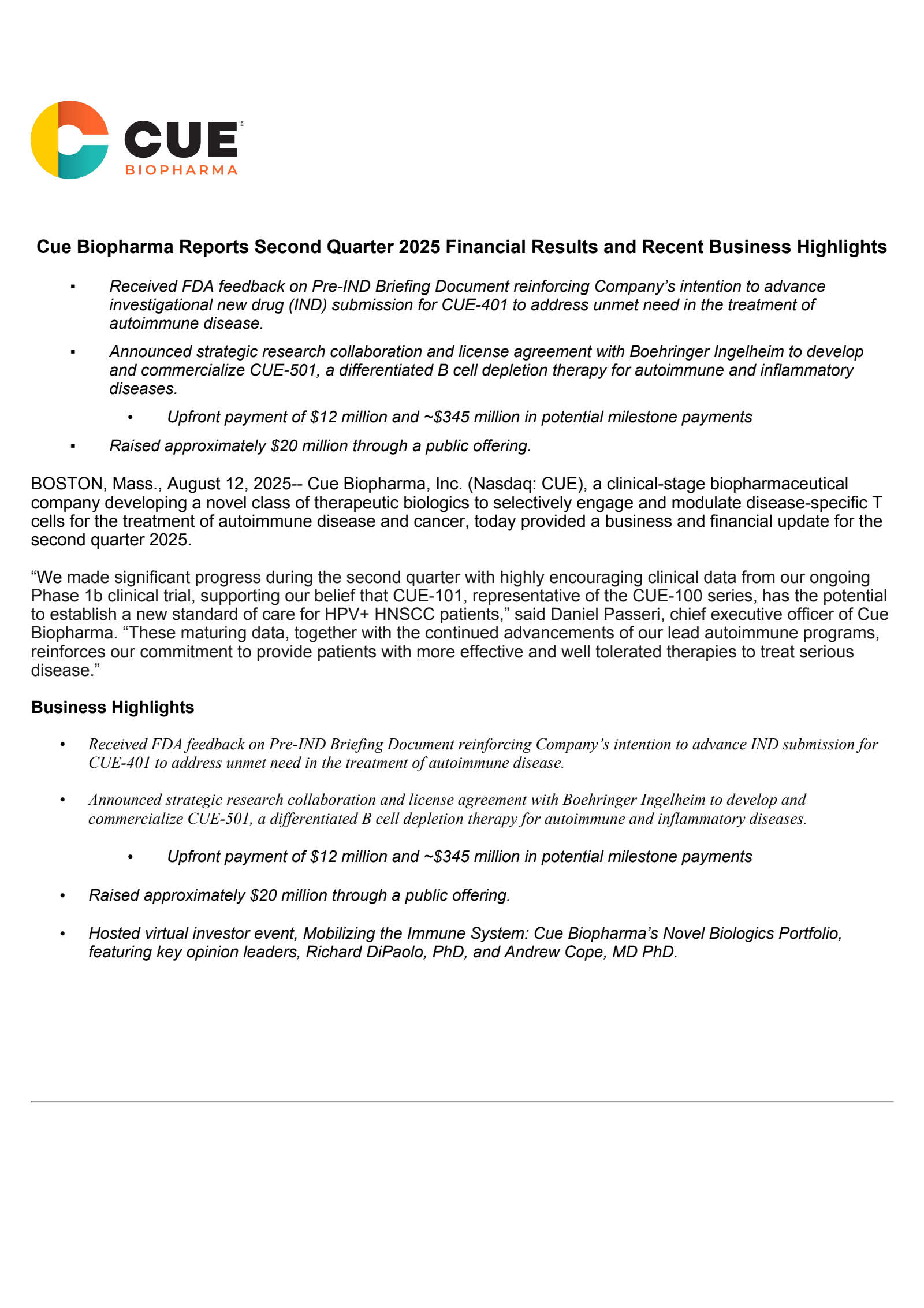 Cue Biopharma's Q2 2025 Press Release