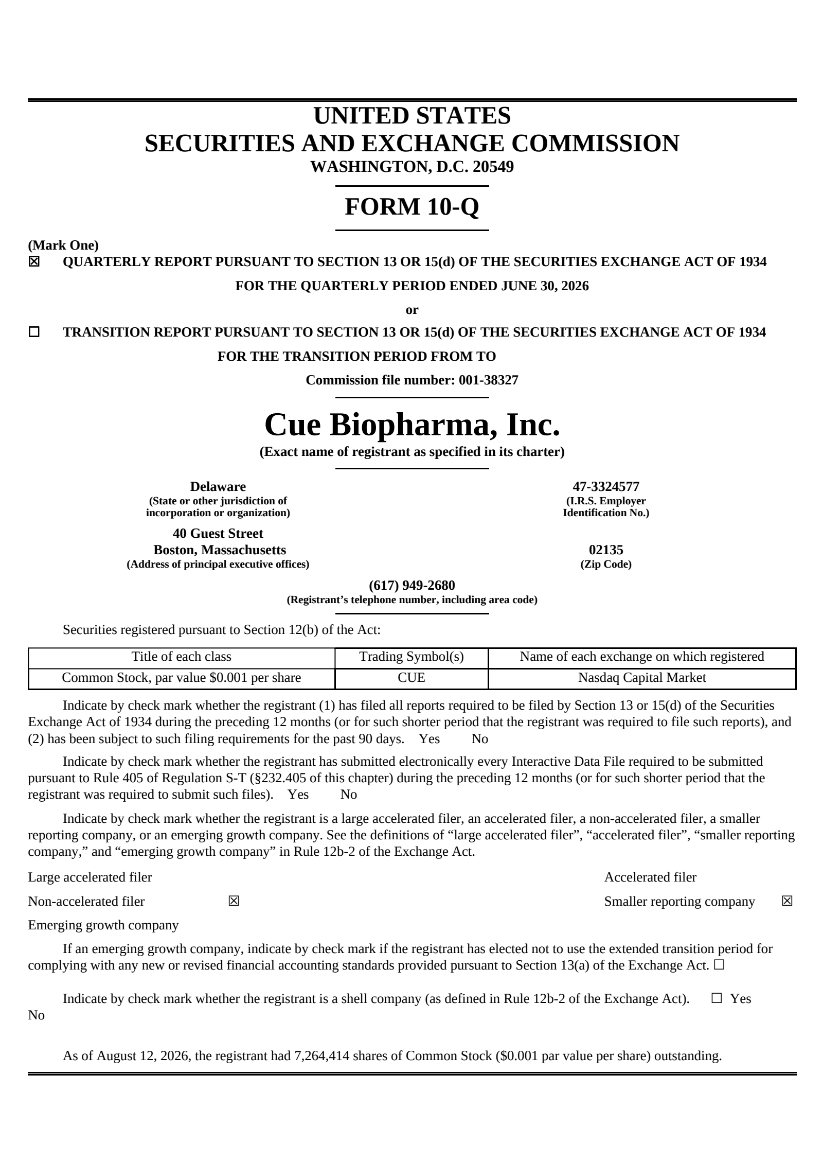 Cue Biopharma's Q2 2026 Quarterly report