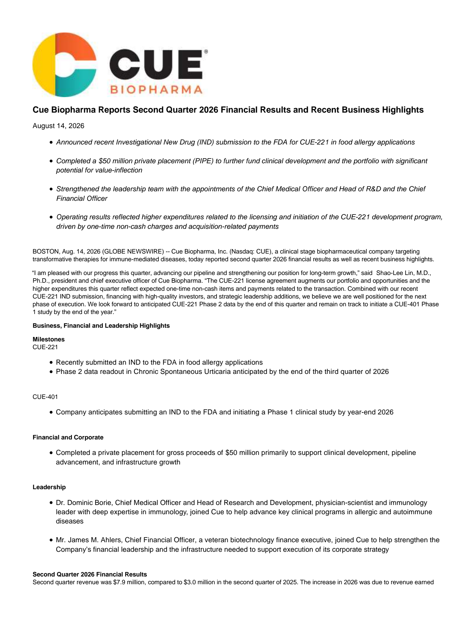 Cue Biopharma's Q2 2026 Press Release