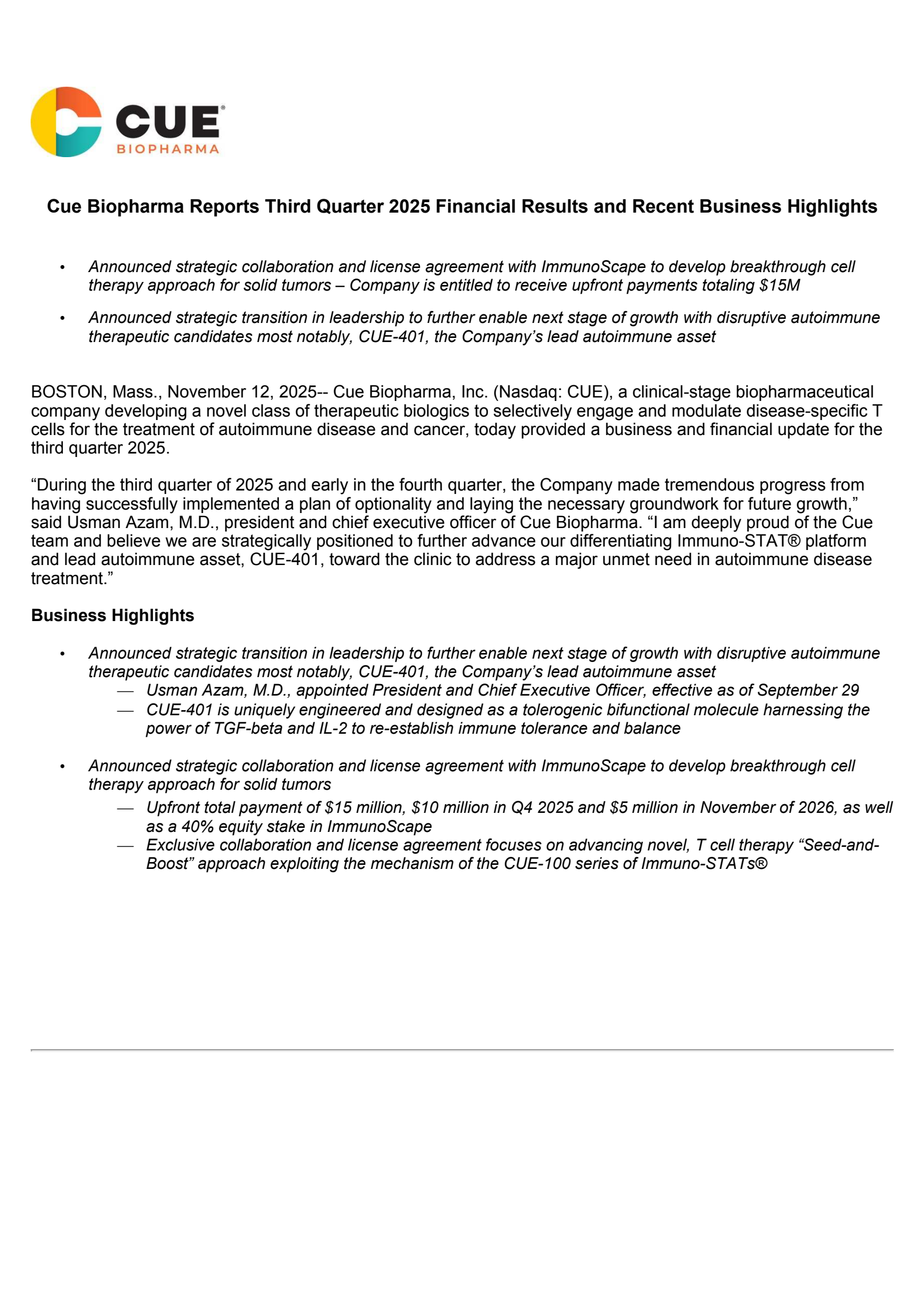 Cue Biopharma's Q3 2025 Earnings Release