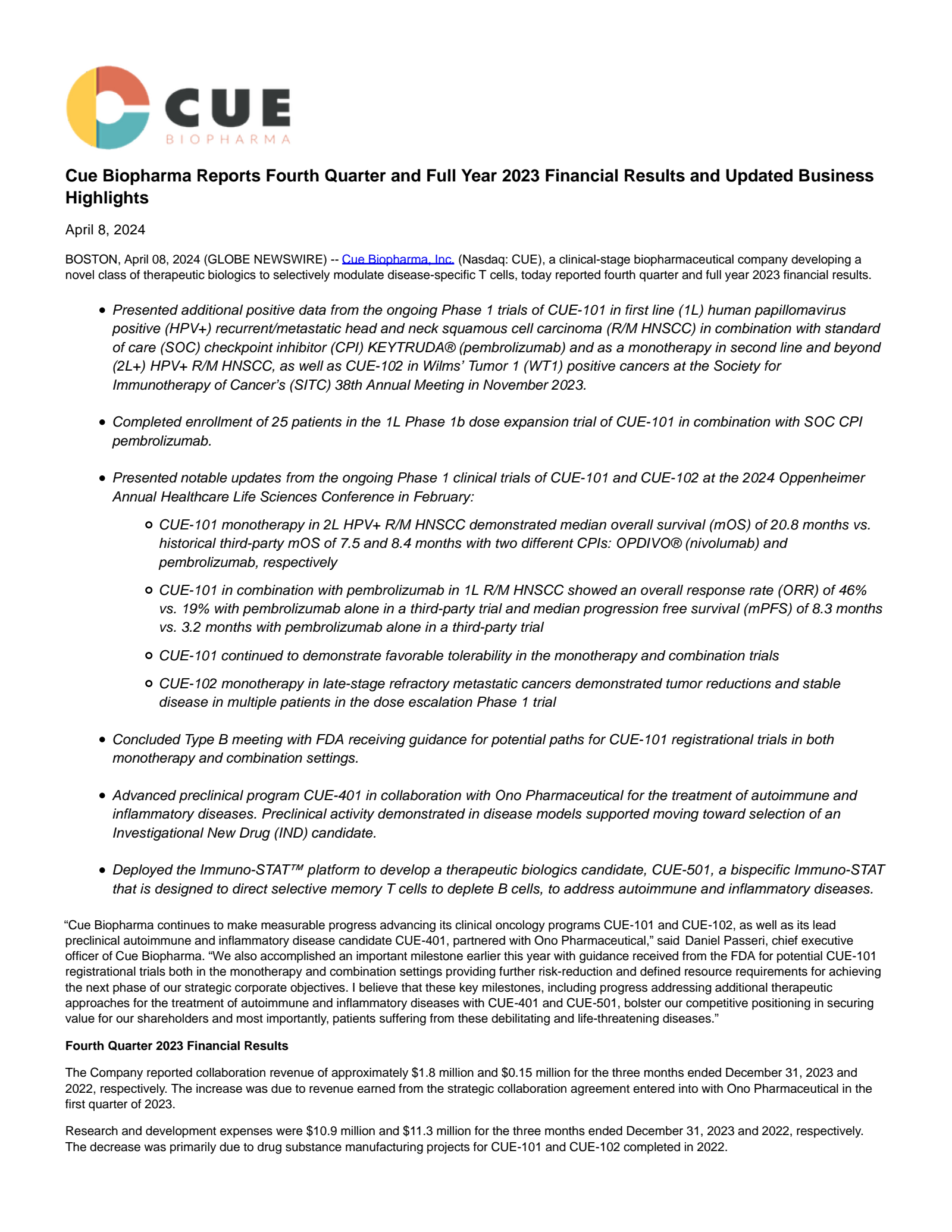 Cue Biopharma's Q4 2023 Press Release