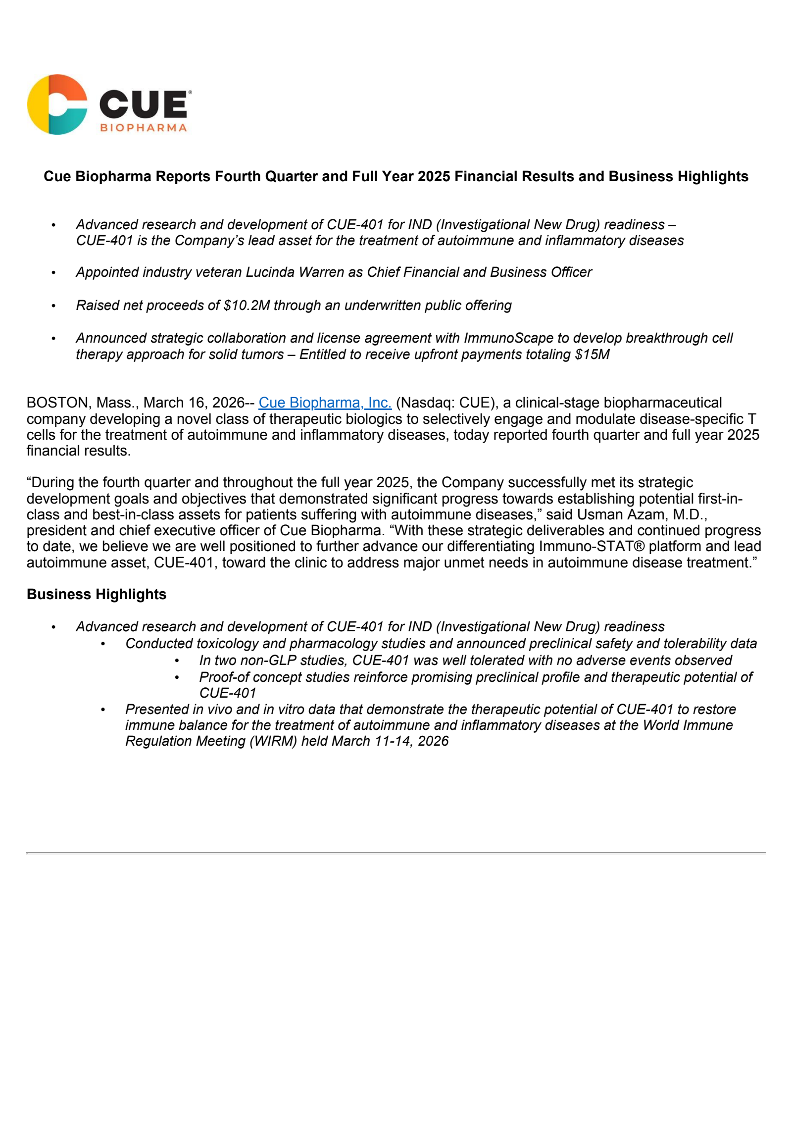 CUE Q4 2025 Earnings Report on 3/30/2026