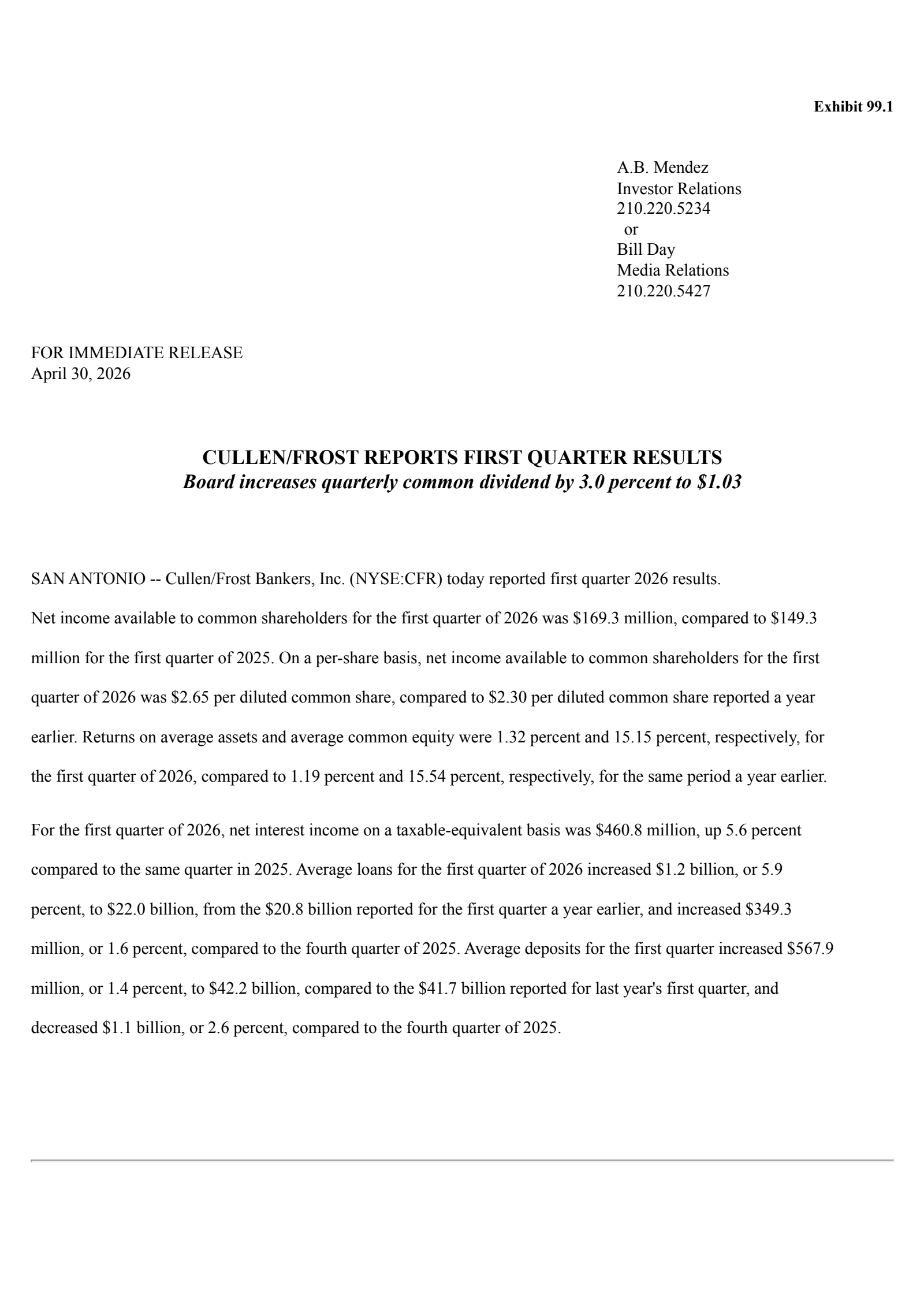 Cullen/Frost Bankers' Q1 2026 Press Release