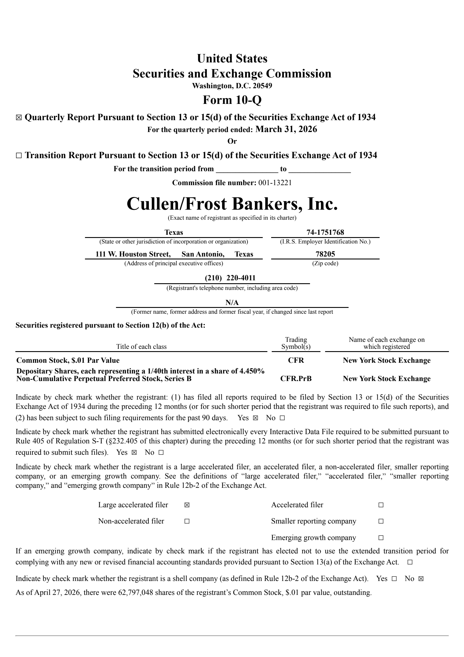 Cullen/Frost Bankers' Q1 2026 Quarterly report