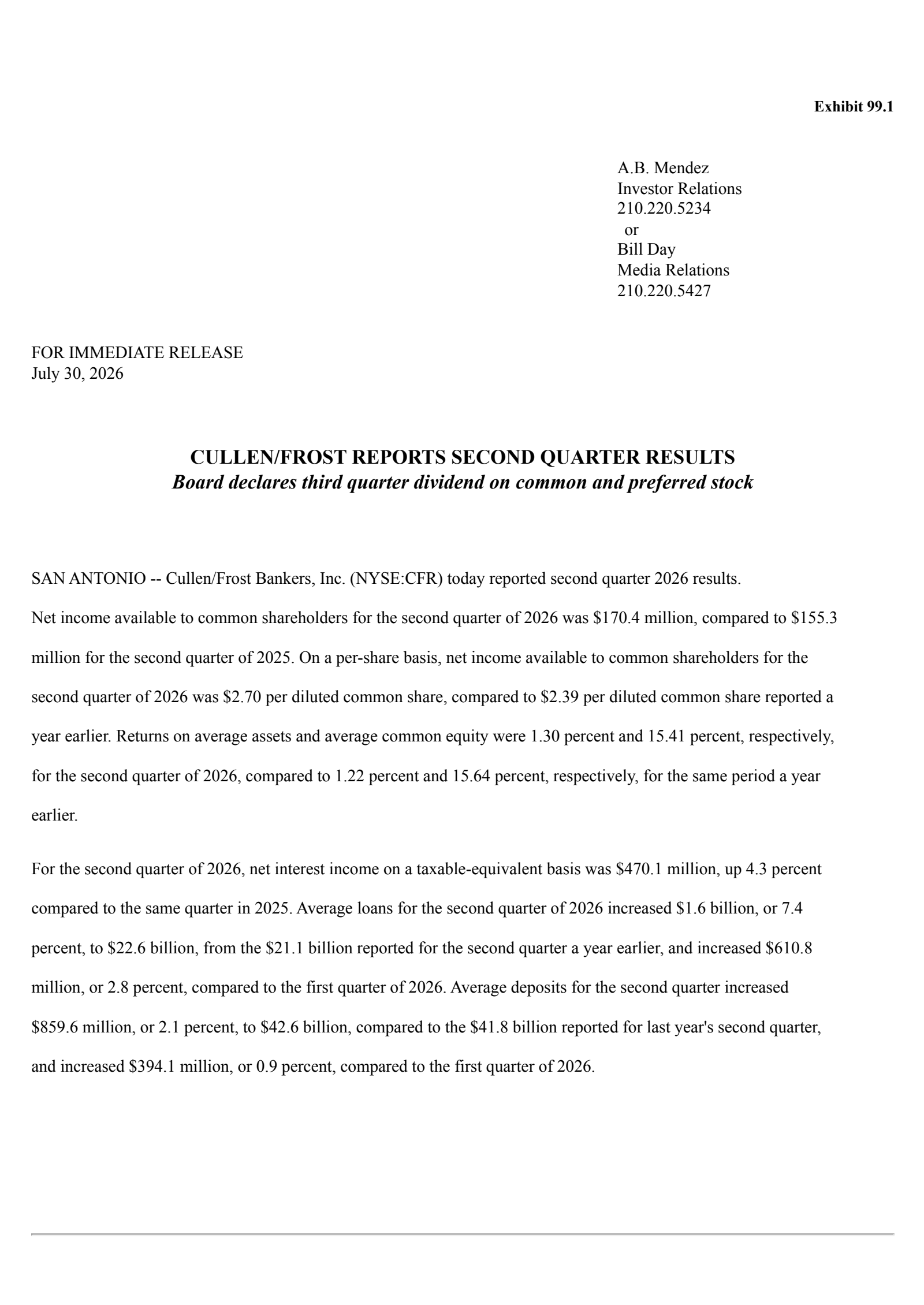 Cullen/Frost Bankers' Q2 2026 Press Release
