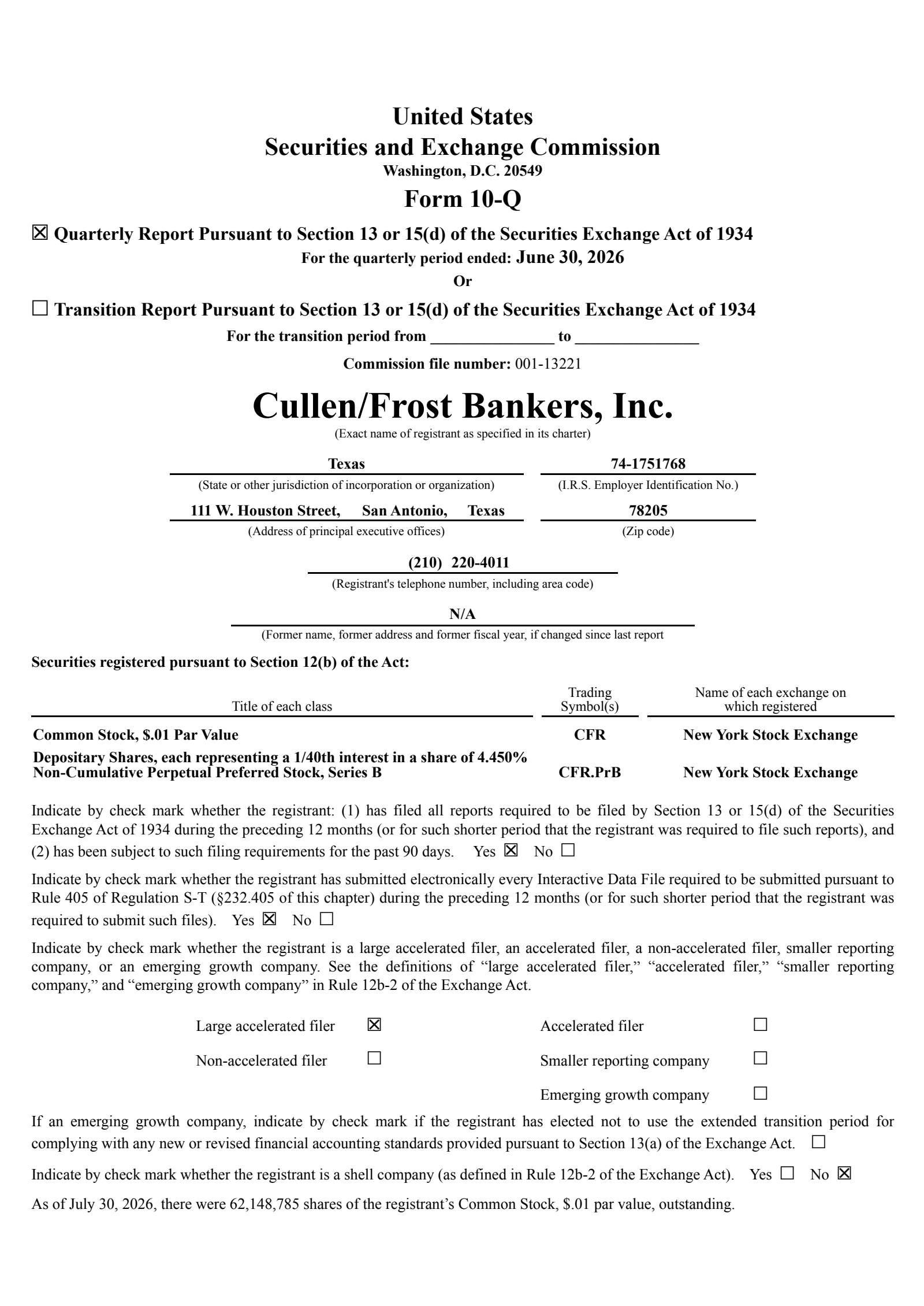 Cullen/Frost Bankers' Q2 2026 Quarterly report