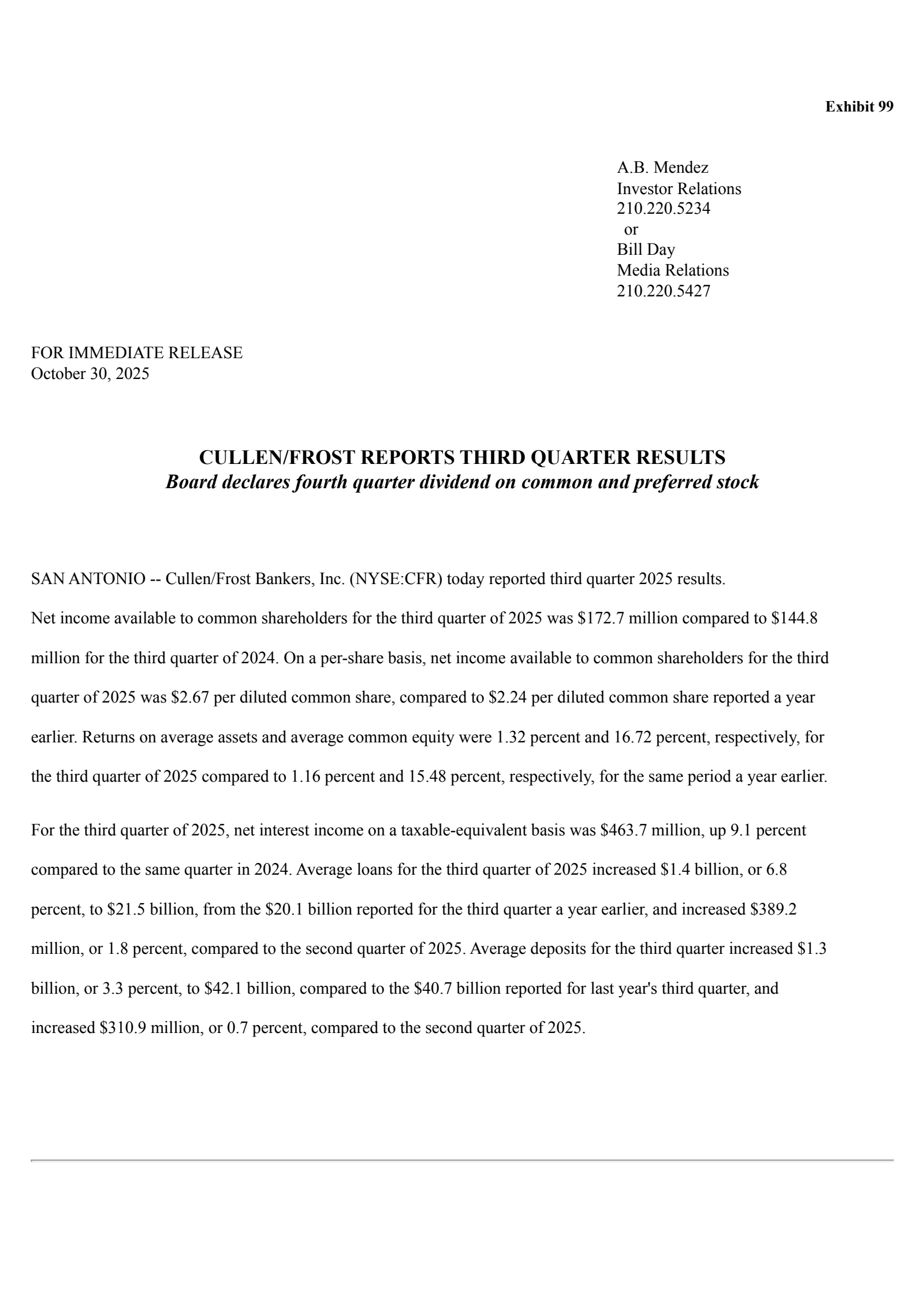 Cullen/Frost Bankers' Q3 2025 Earnings Release