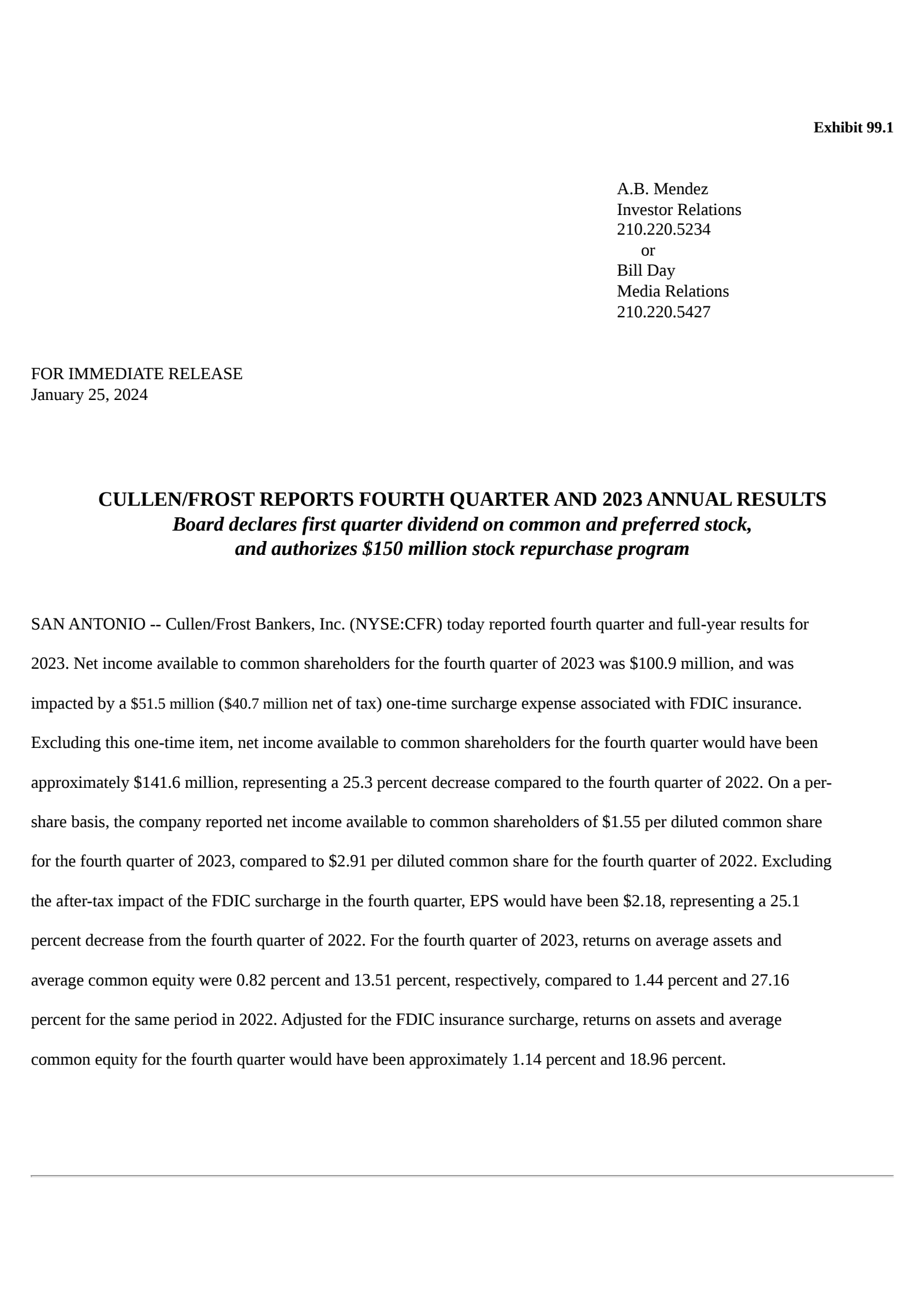 Cullen/Frost Bankers' Q4 2023 Press Release