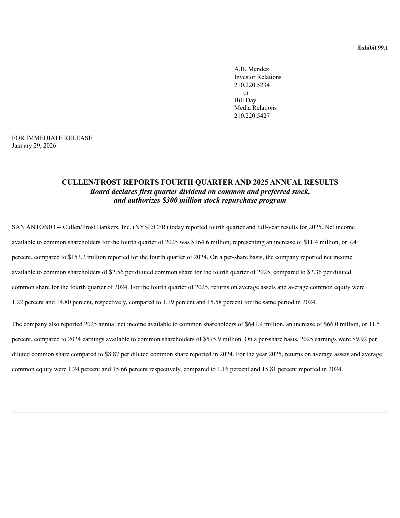 Cullen/Frost Bankers' Q4 2025 Press Release