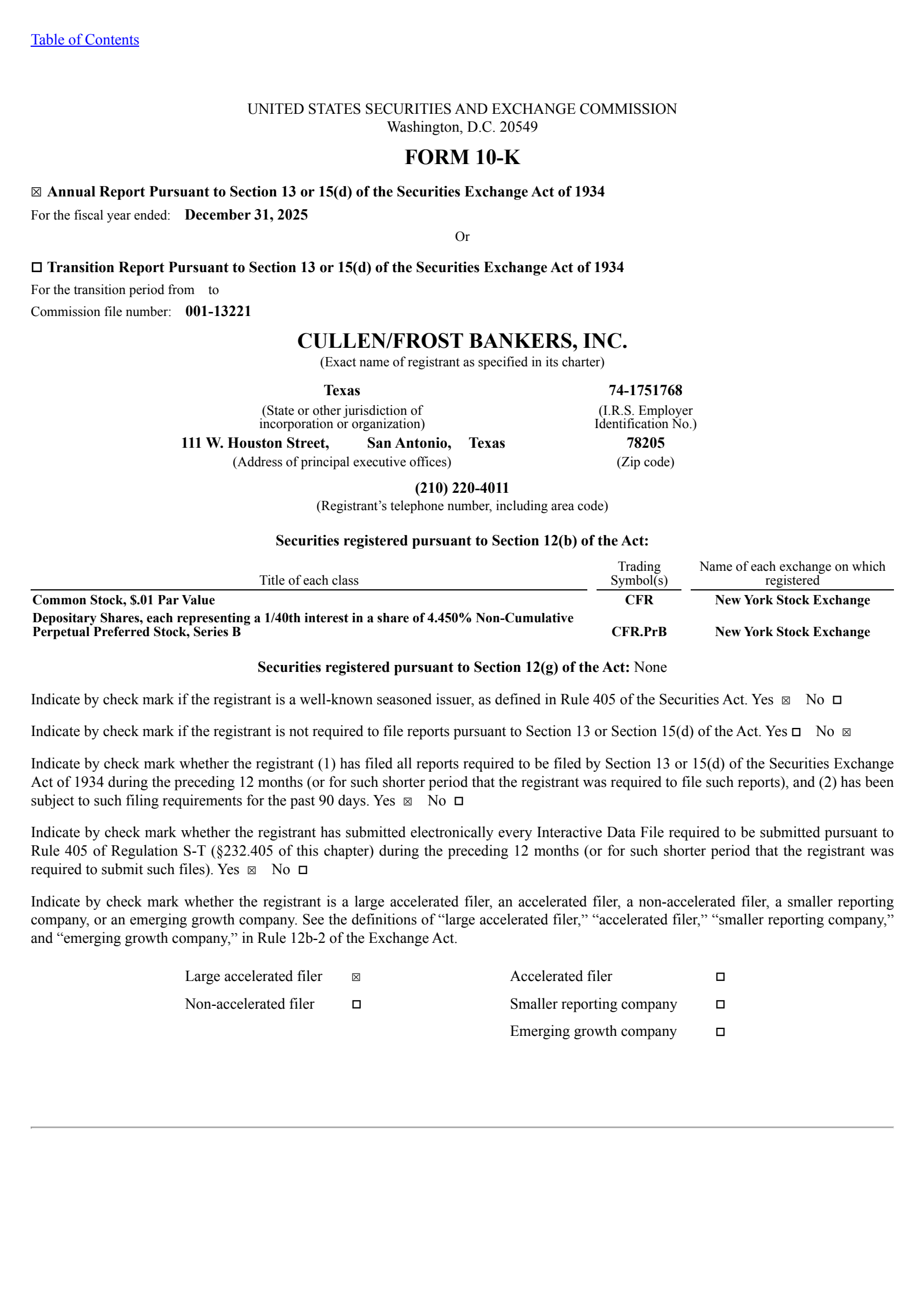 Cullen/Frost Bankers' Q4 2025 Annual report