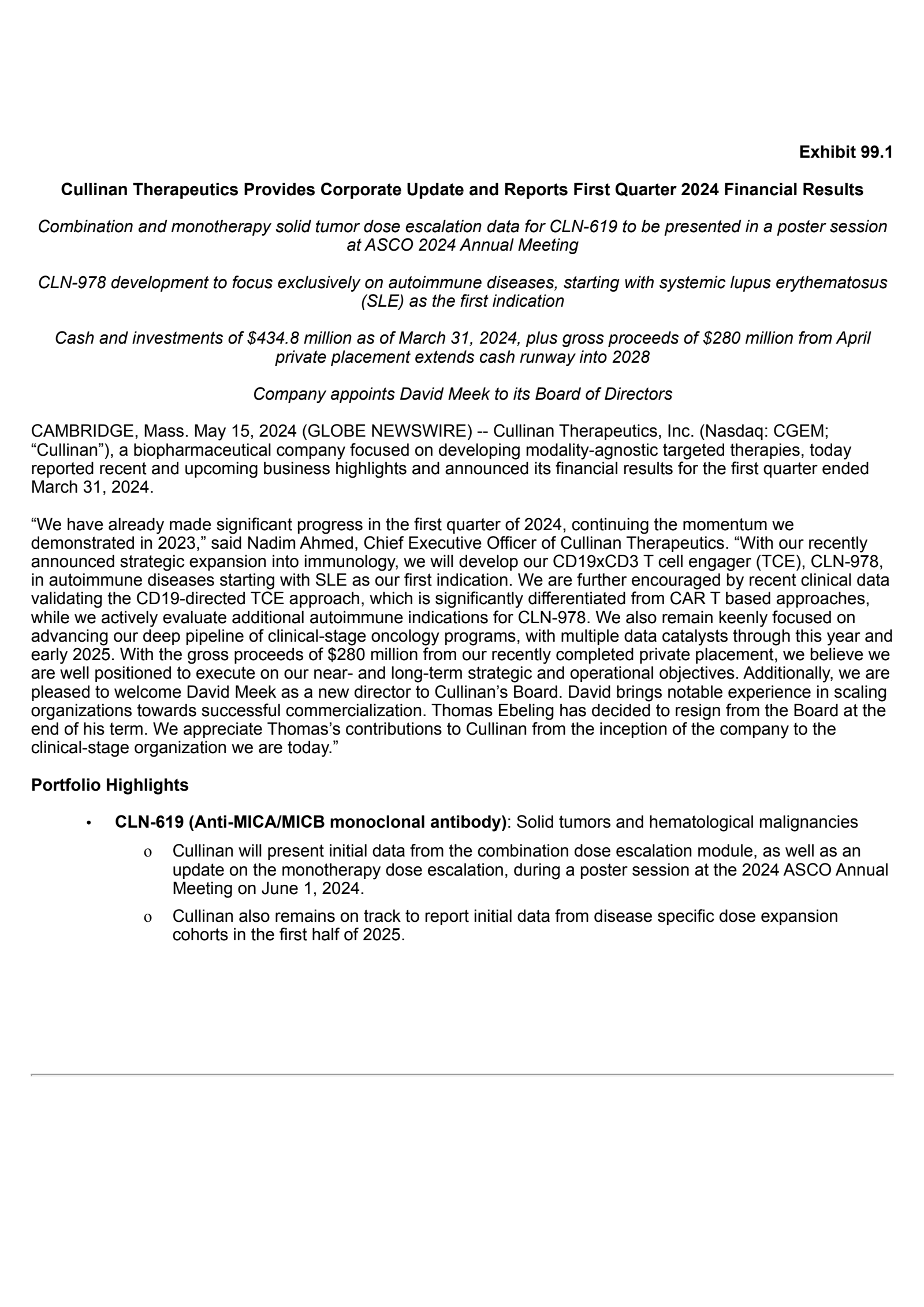 Cullinan Therapeutics' Q1 2024 Press Release