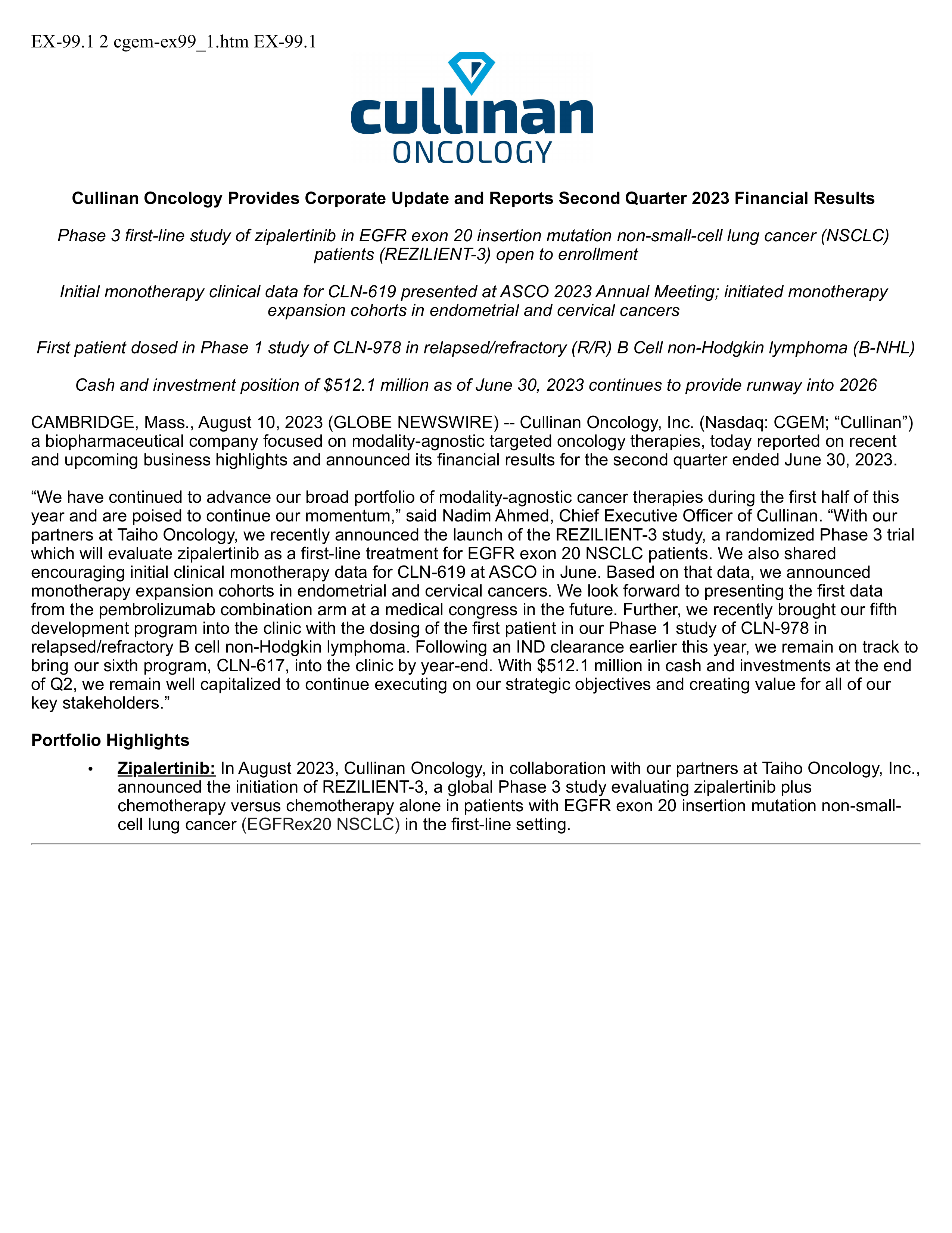 Cullinan Therapeutics' Q2 2023 Press Release