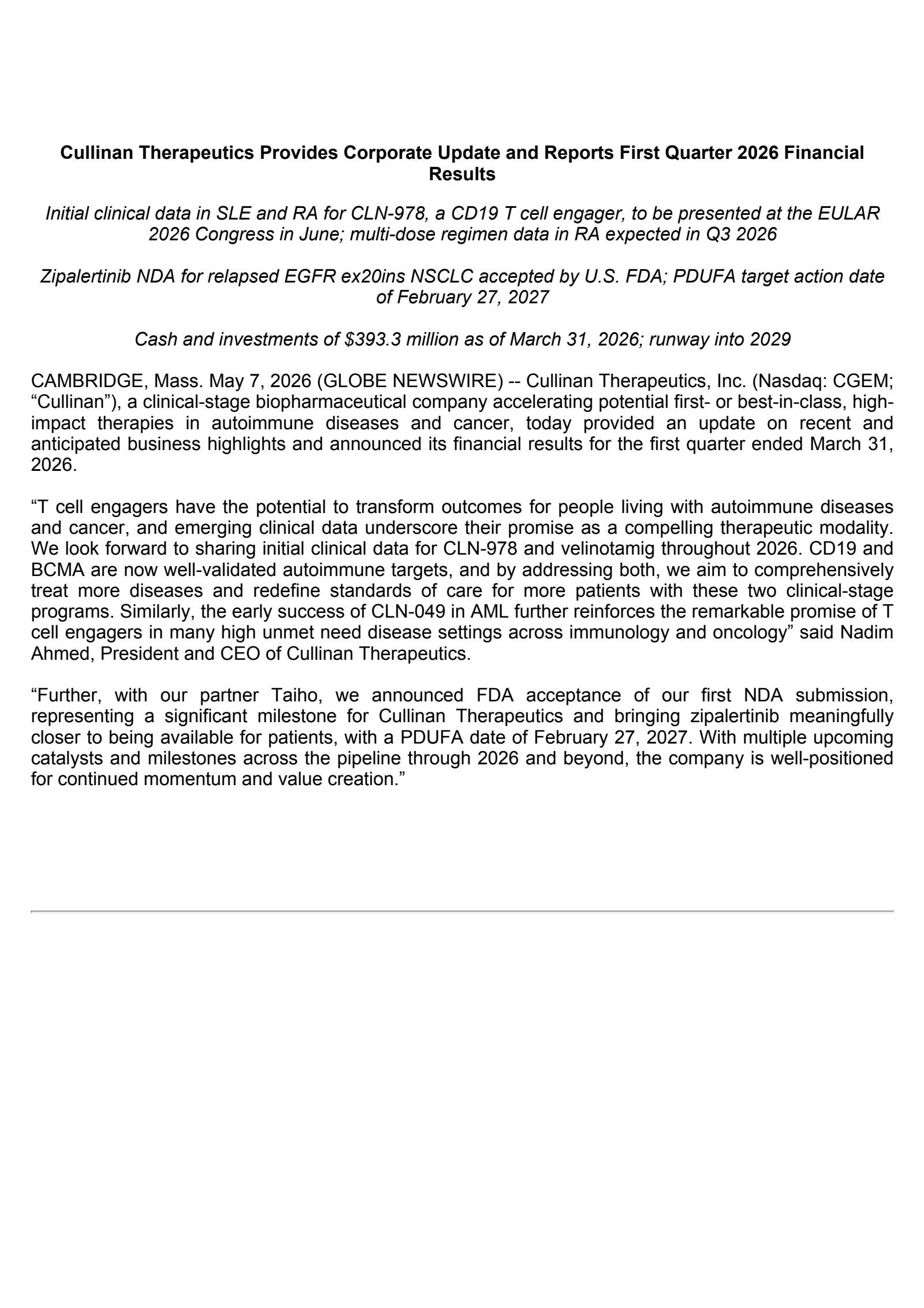 Cullinan Therapeutics' Q1 2026 Press Release