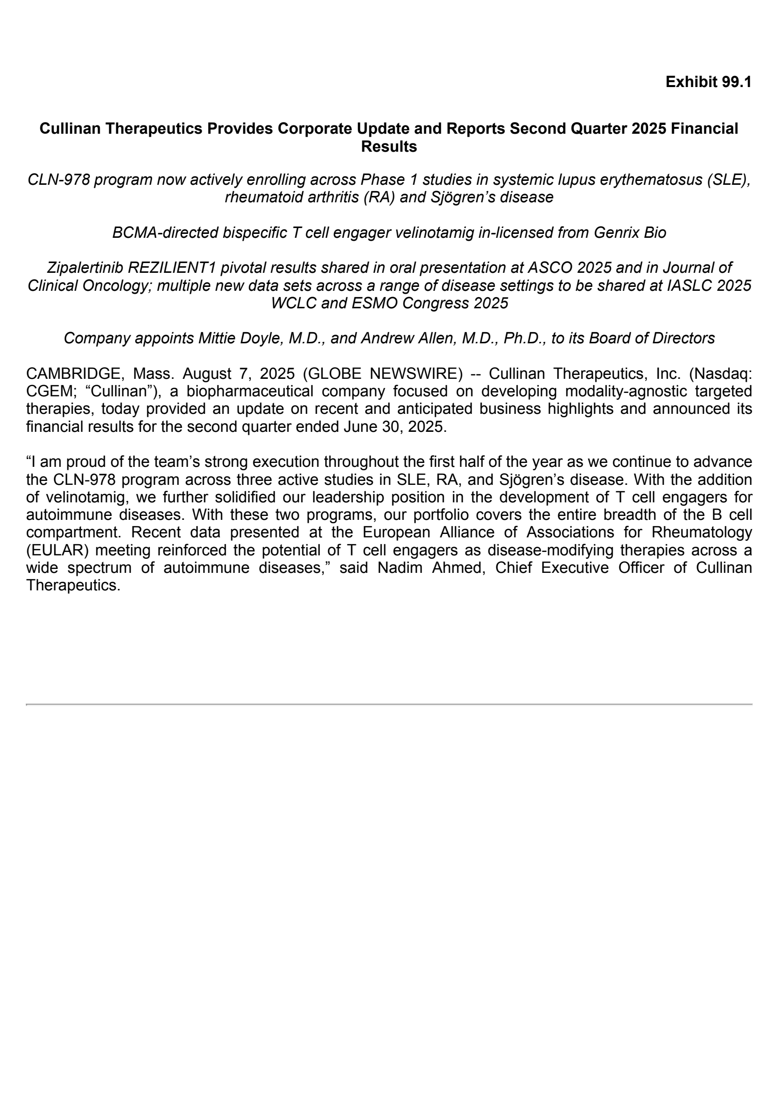 Cullinan Therapeutics' Q2 2025 Press Release