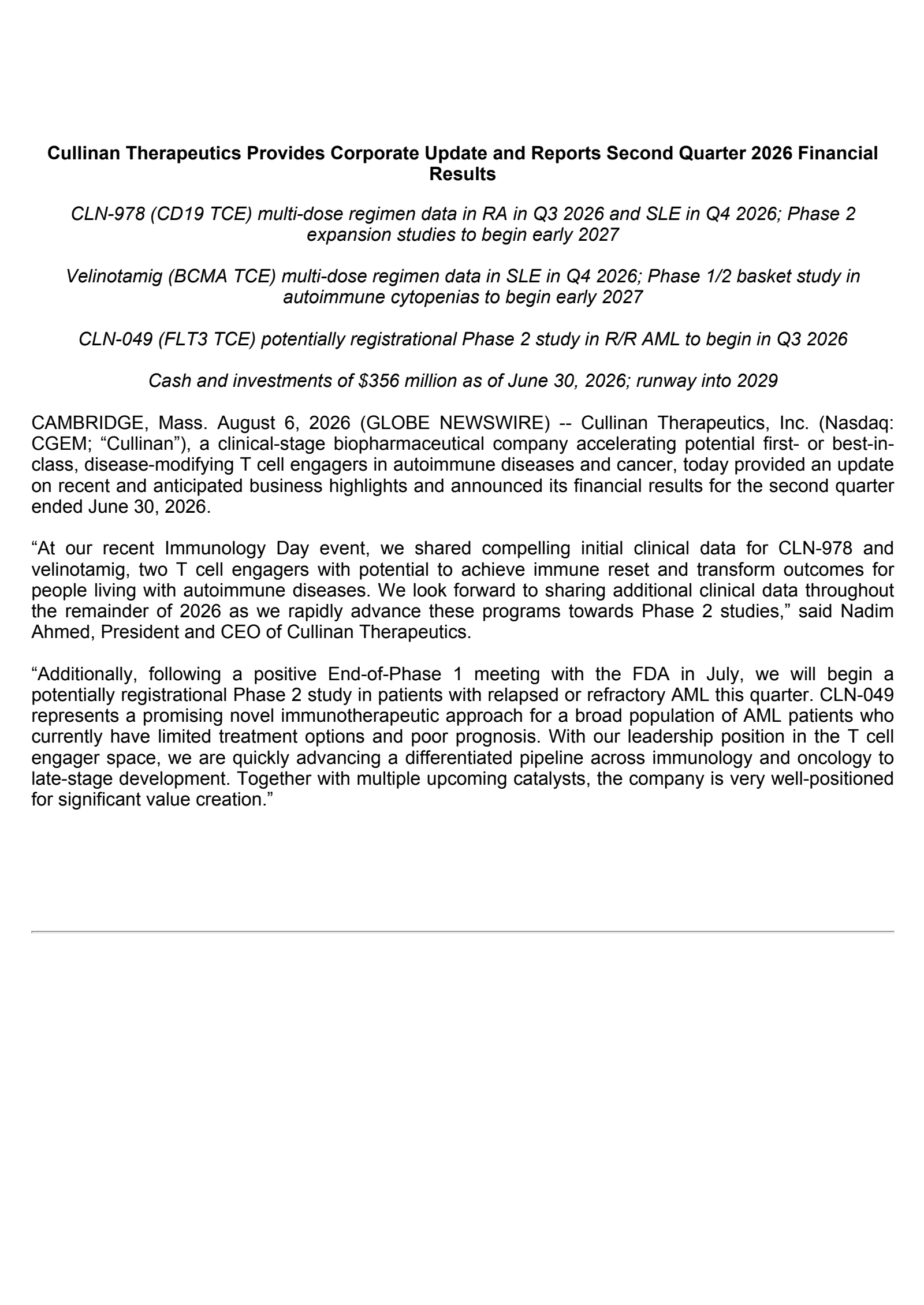 Cullinan Therapeutics' Q2 2026 Press Release