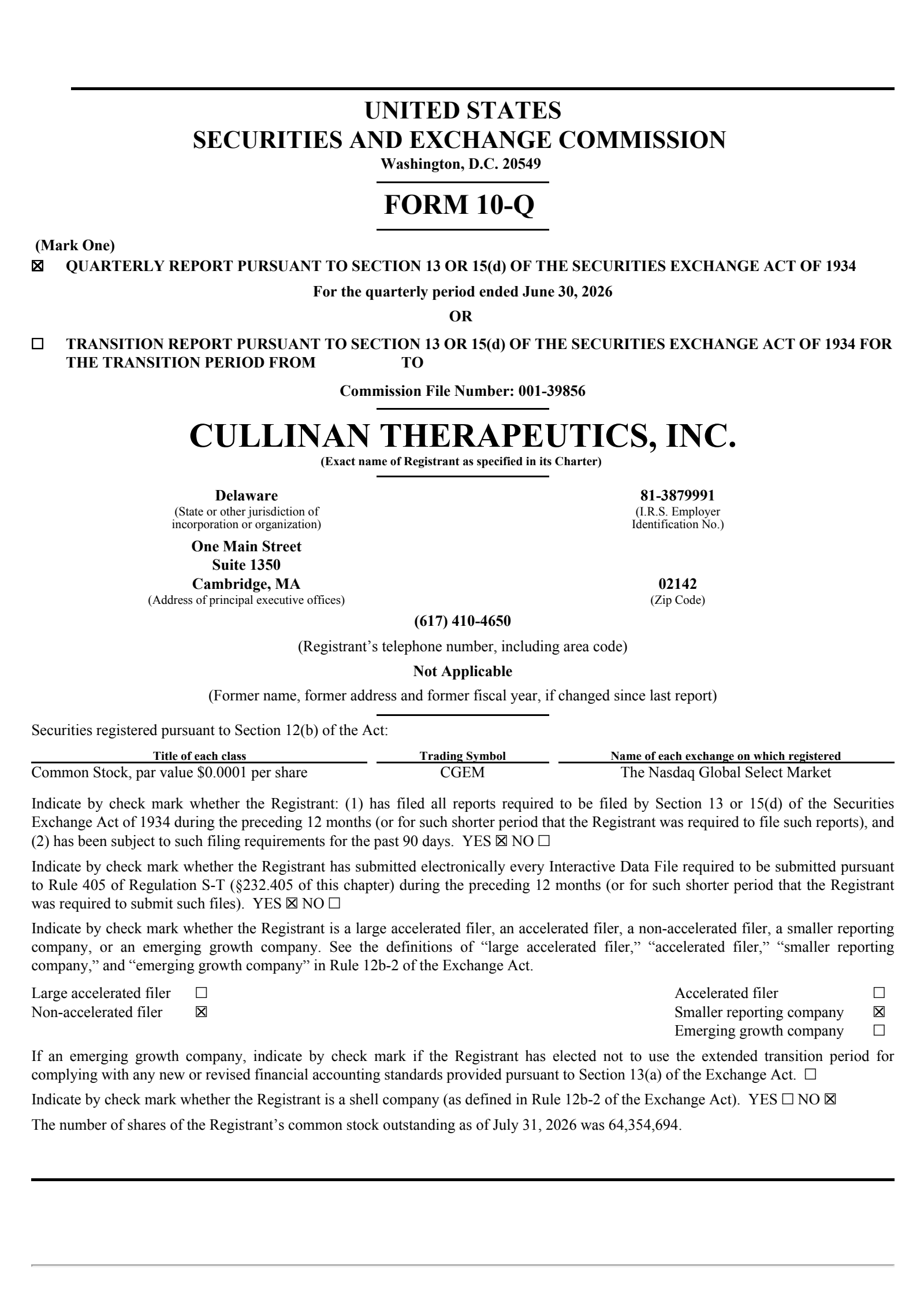 Cullinan Therapeutics' Q2 2026 Quarterly report