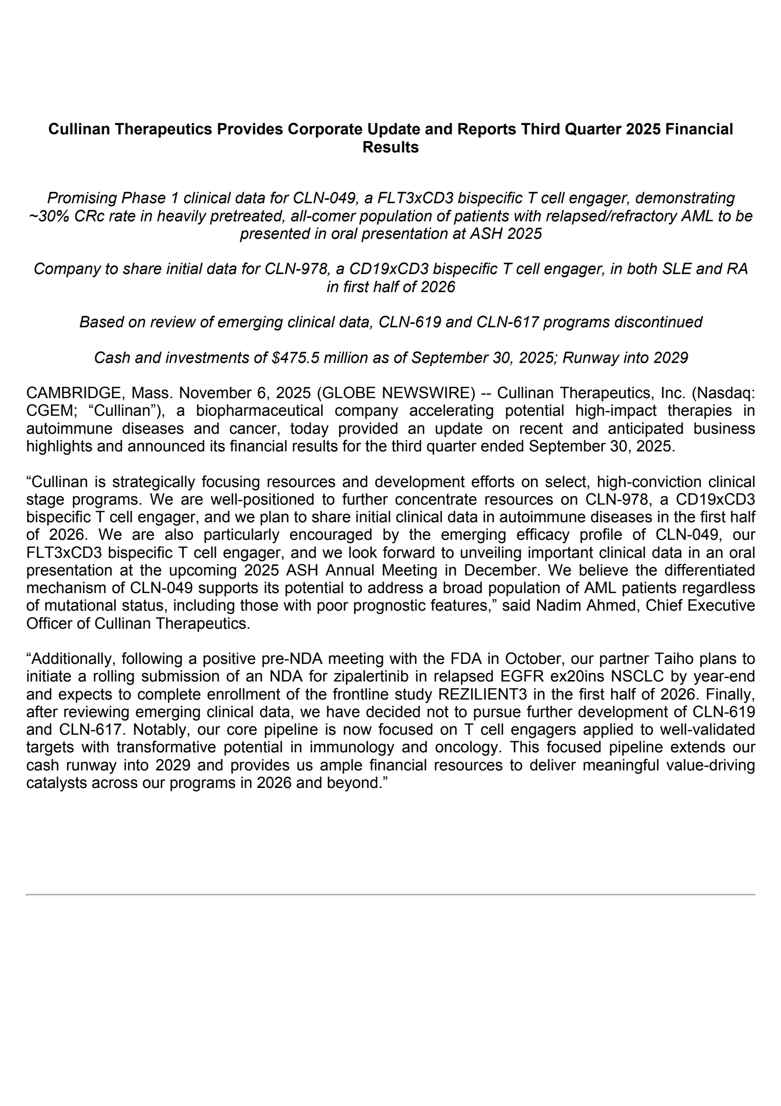 Cullinan Therapeutics' Q3 2025 Earnings Release