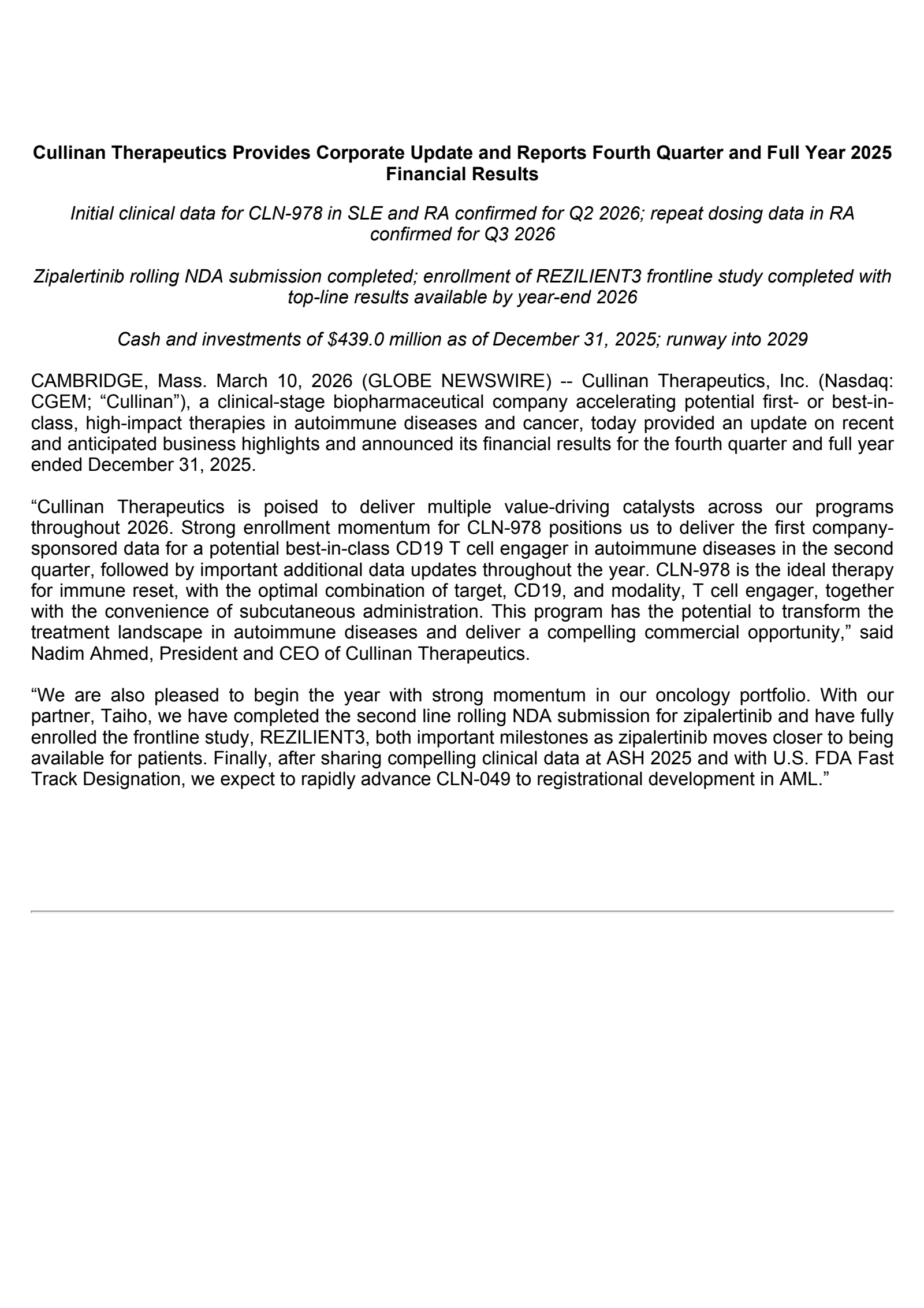 Cullinan Therapeutics' Q4 2025 Press Release