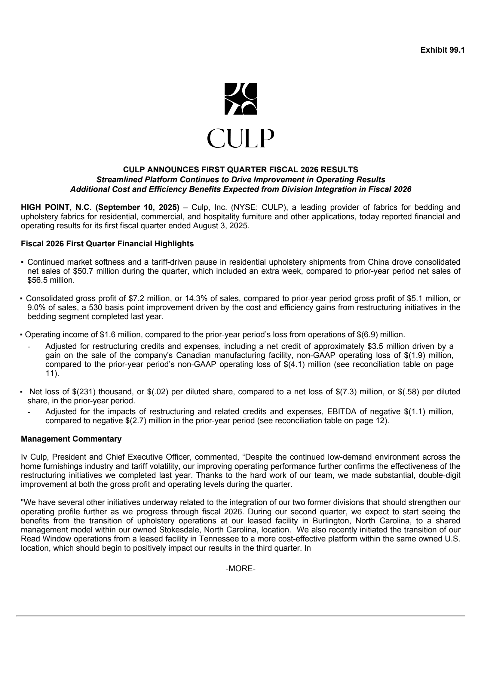 Culp's Q1 2026 Earnings Release