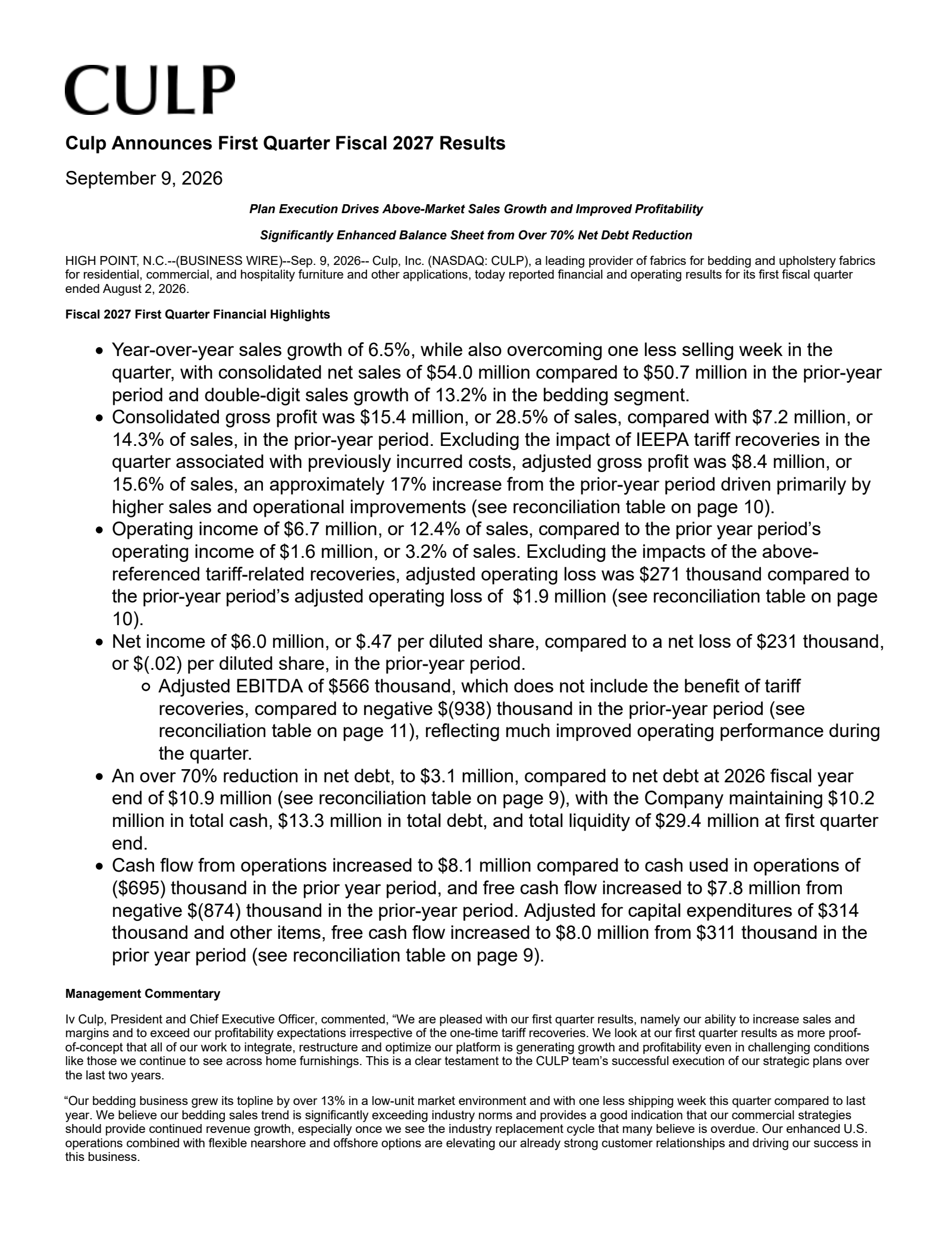 Culp's Q1 2027 Press Release