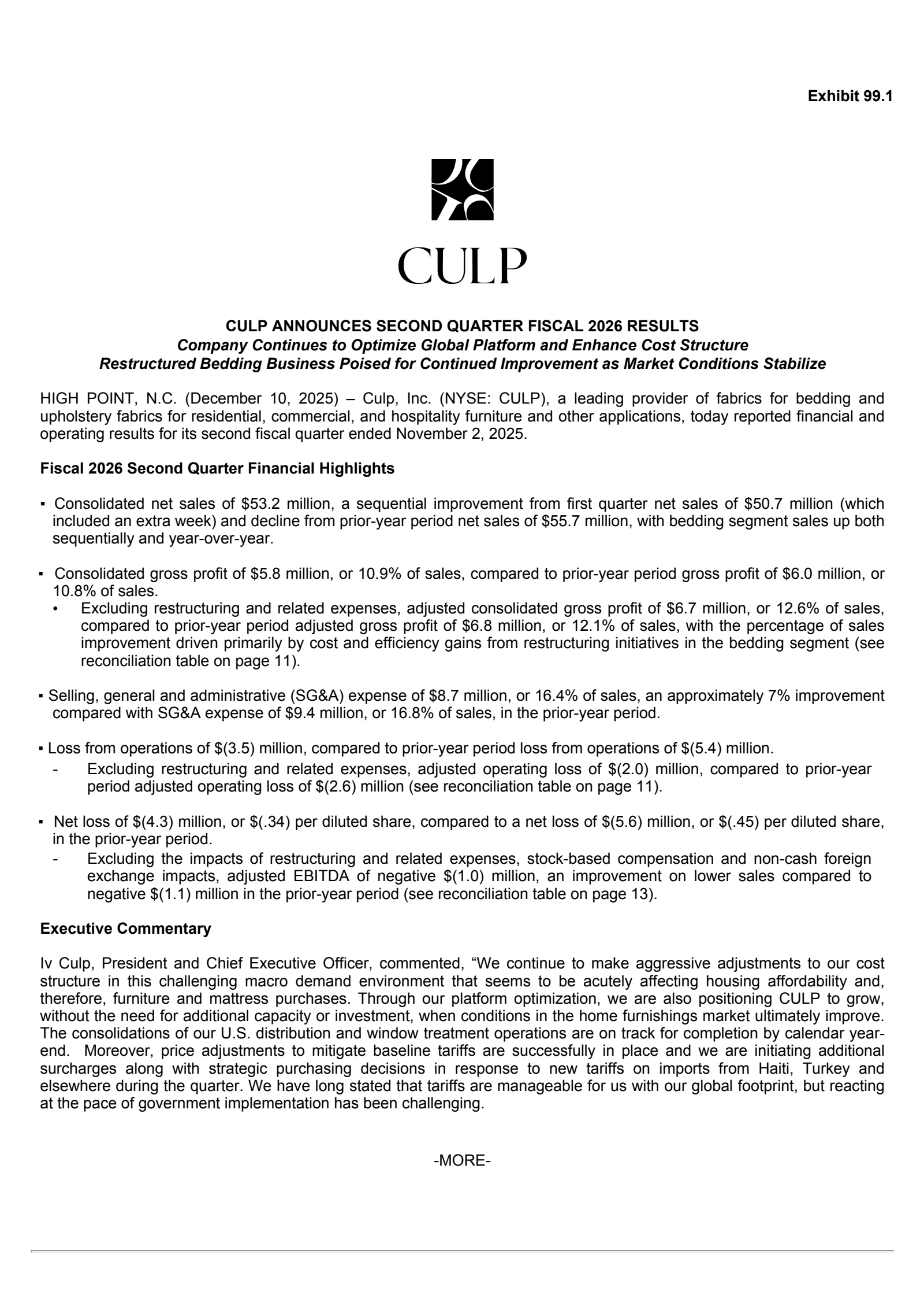 Culp's Q2 2026 Earnings Release