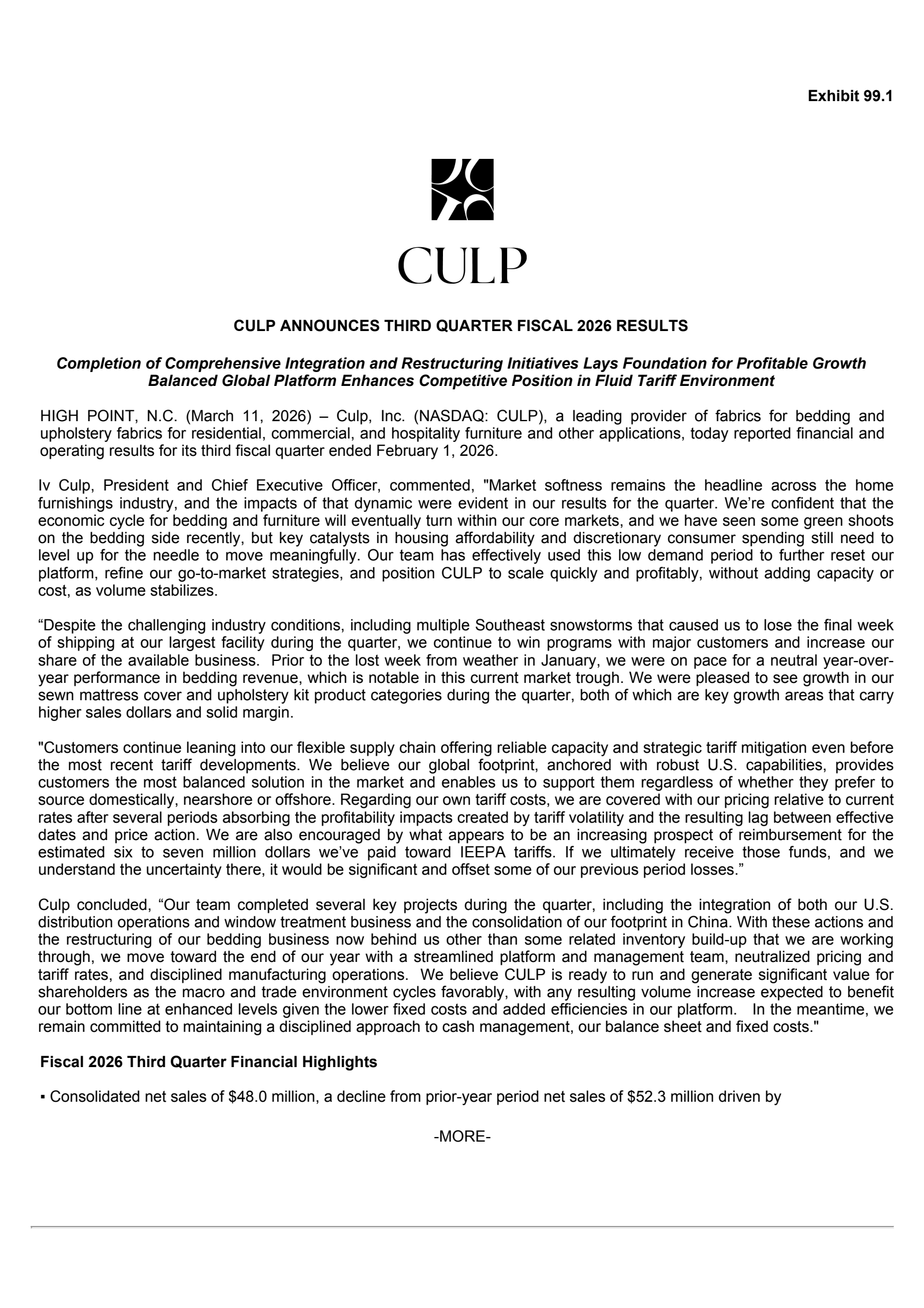 CULP Q3 2026 Earnings Report on 3/11/2026