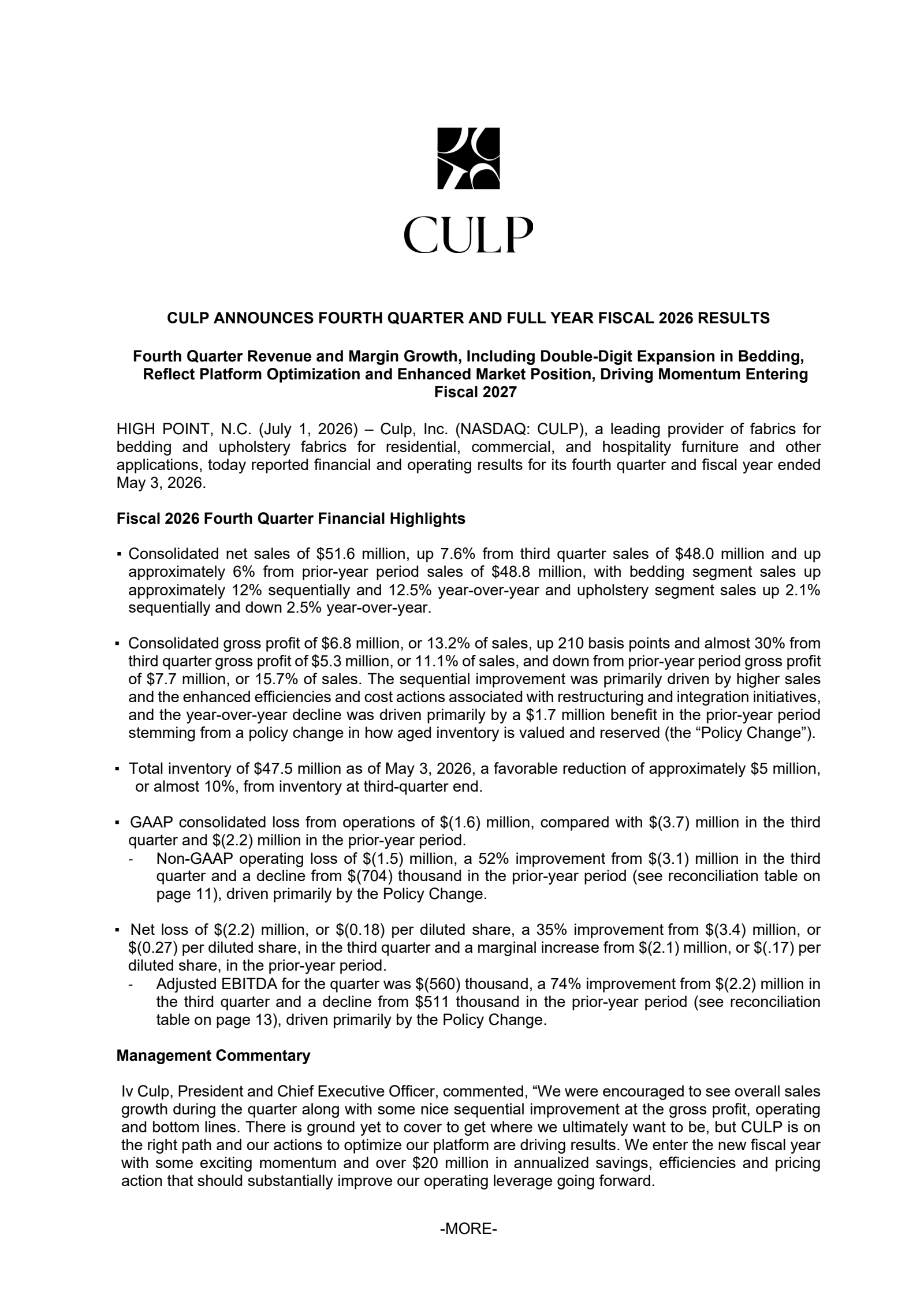 CULP Q4 2026 Earnings Report on 7/1/2026