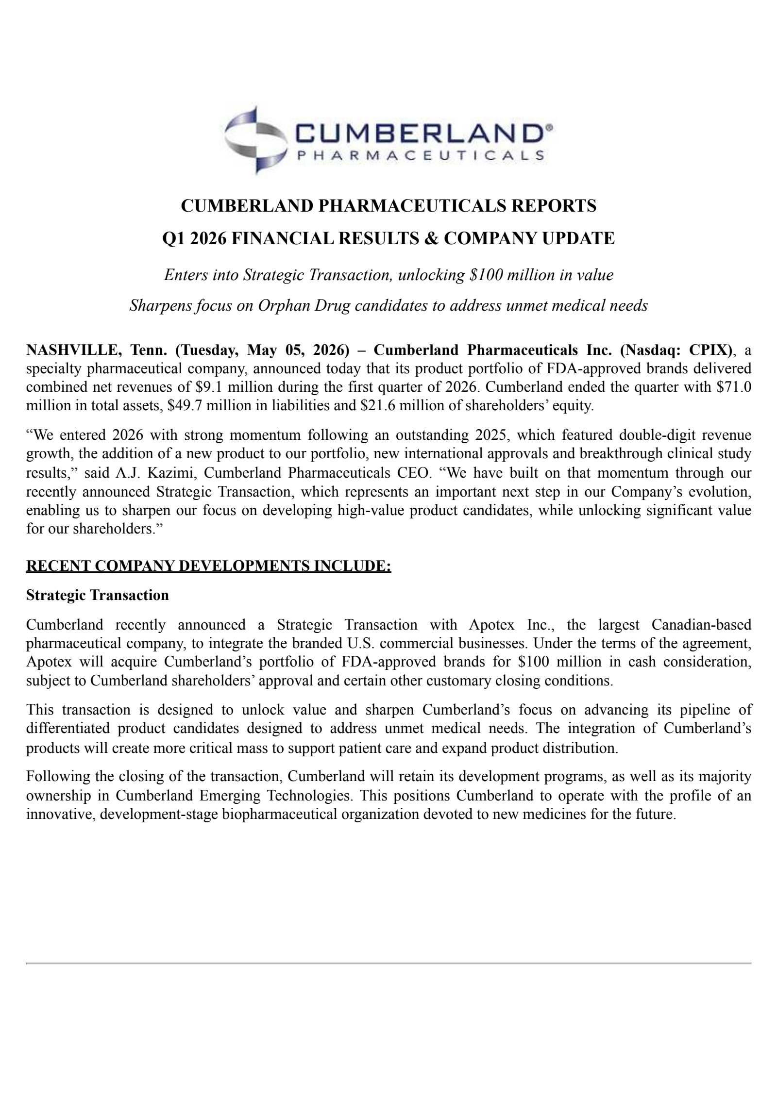 Cumberland Pharmaceuticals' Q1 2026 Press Release